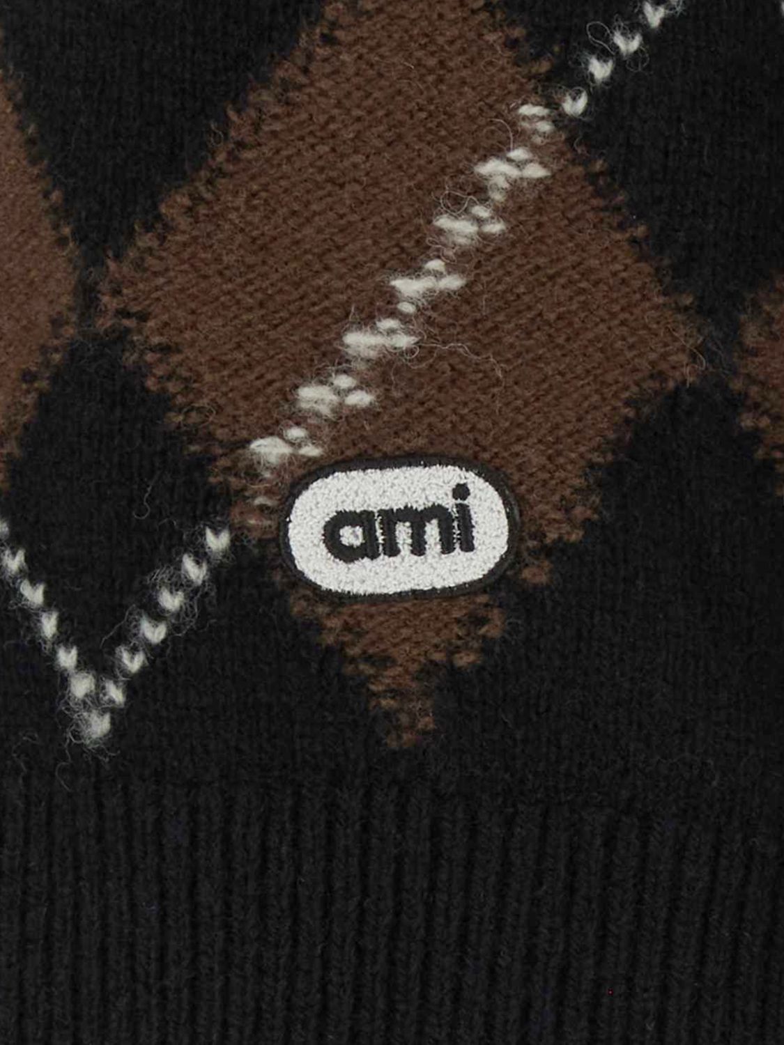 AMI PARIS JERSEY: Cárdigan Ami Paris de pura lana virgen con motivo de rombos y cuello redondo, Marrón - Img 4