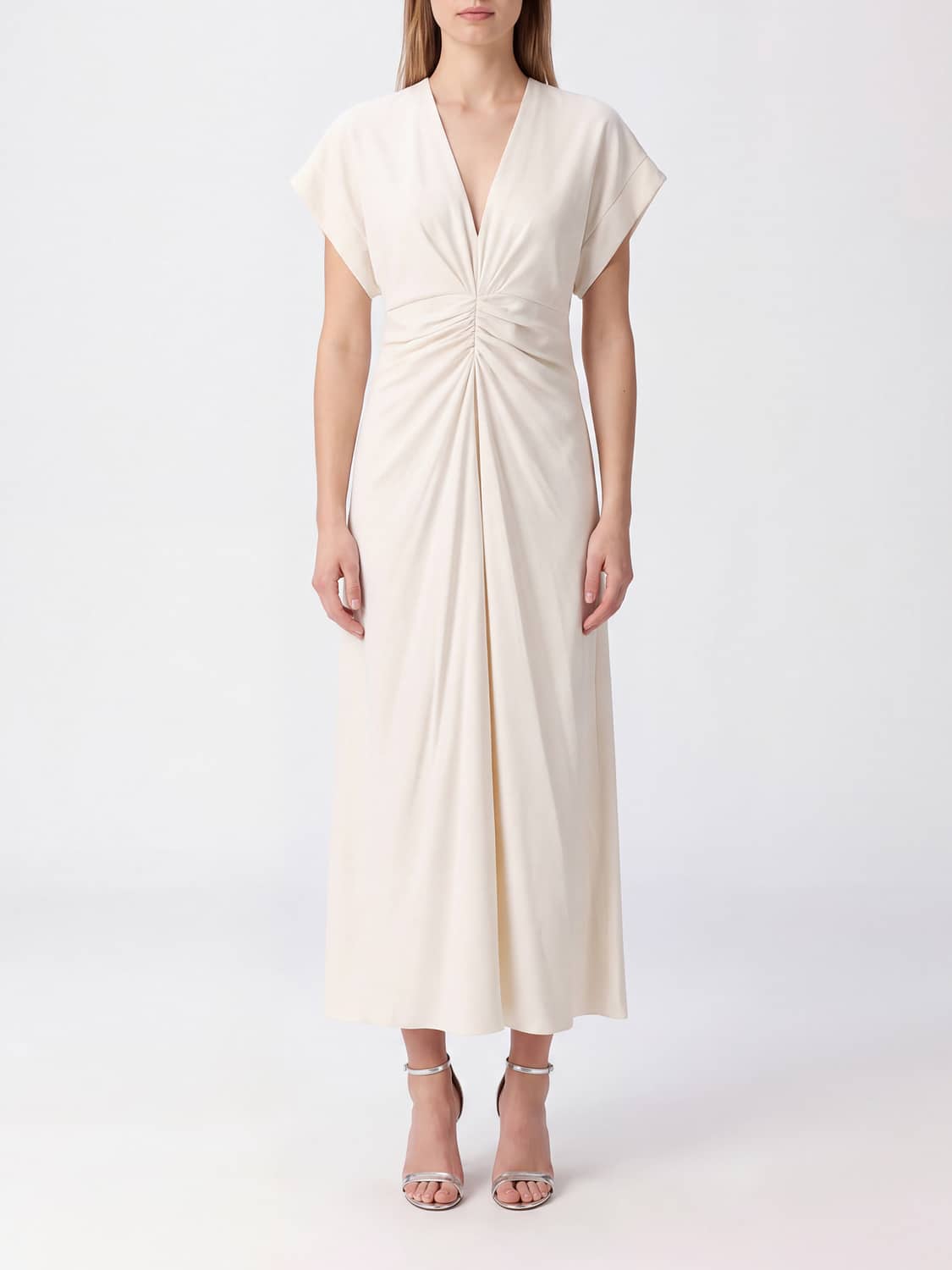ALBERTA FERRETTI VESTIDO: Túnica midi Alberta Ferretti de viscosa con drapeado y escote en V, Blanco - Img 1
