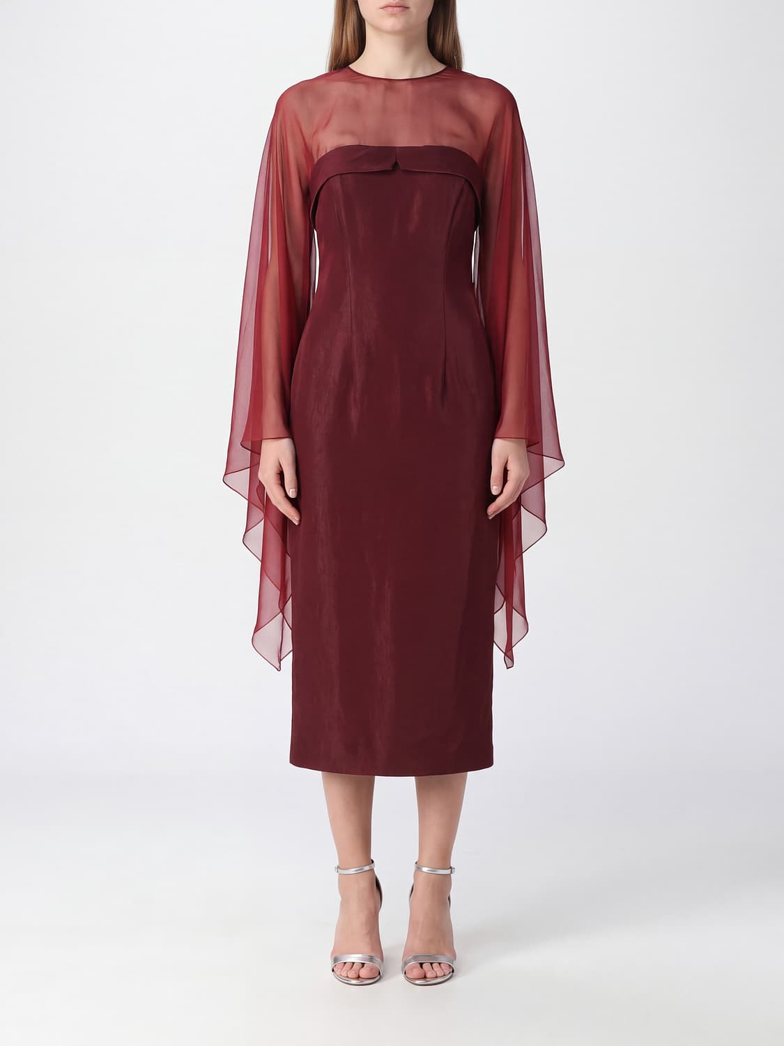 ALBERTA FERRETTI KLEID: Langärmeliges Midi-Abendkleid Alberta Ferretti aus Crêpe mit Rundhalsausschnitt, Rot - Img 1