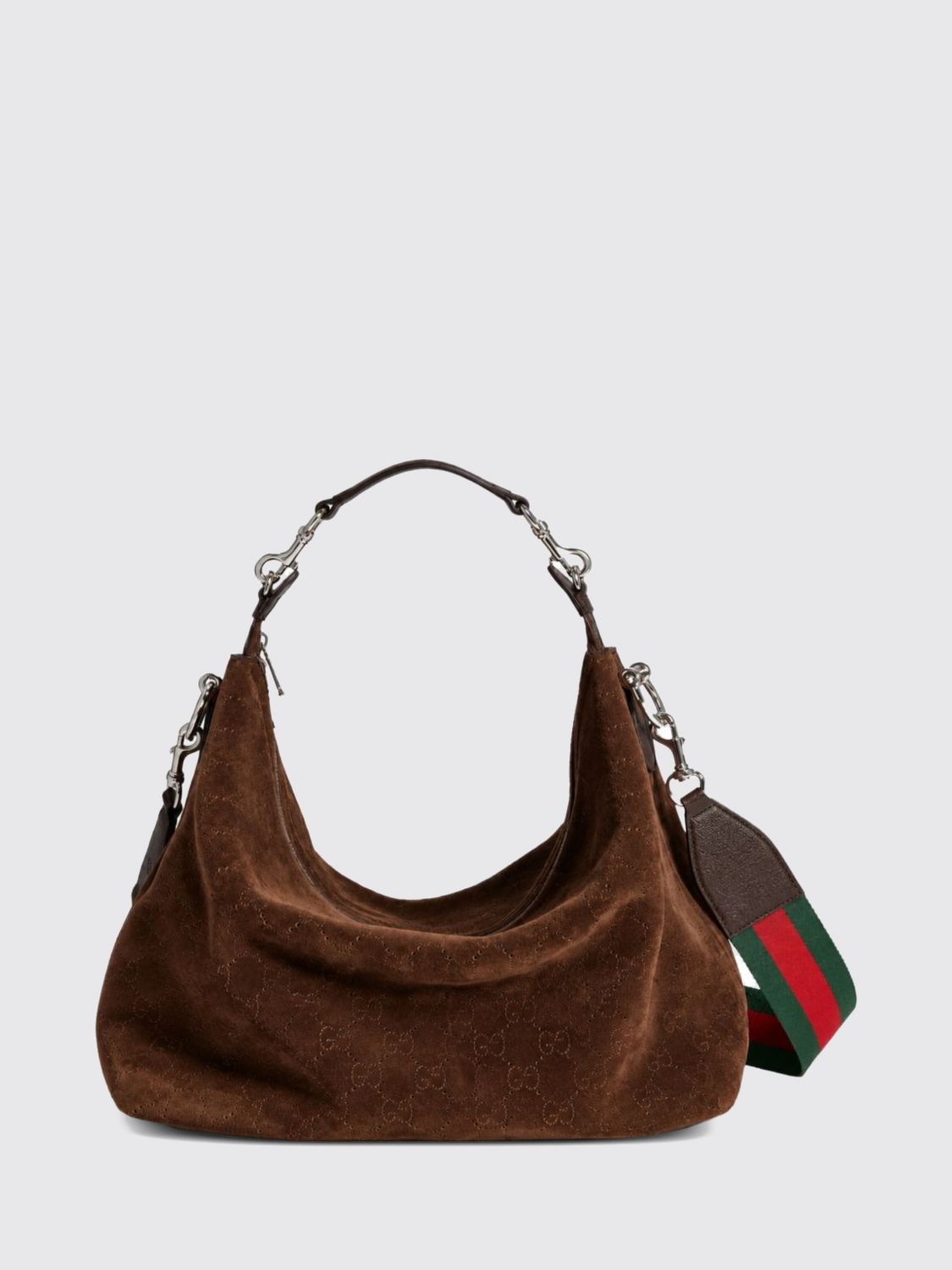 GUCCI СУМКА НА РЕМНЕ: Сумка-тоут Gucci из телячьей кожи с перфорированной монограммой GG, Коричневый - Img 1