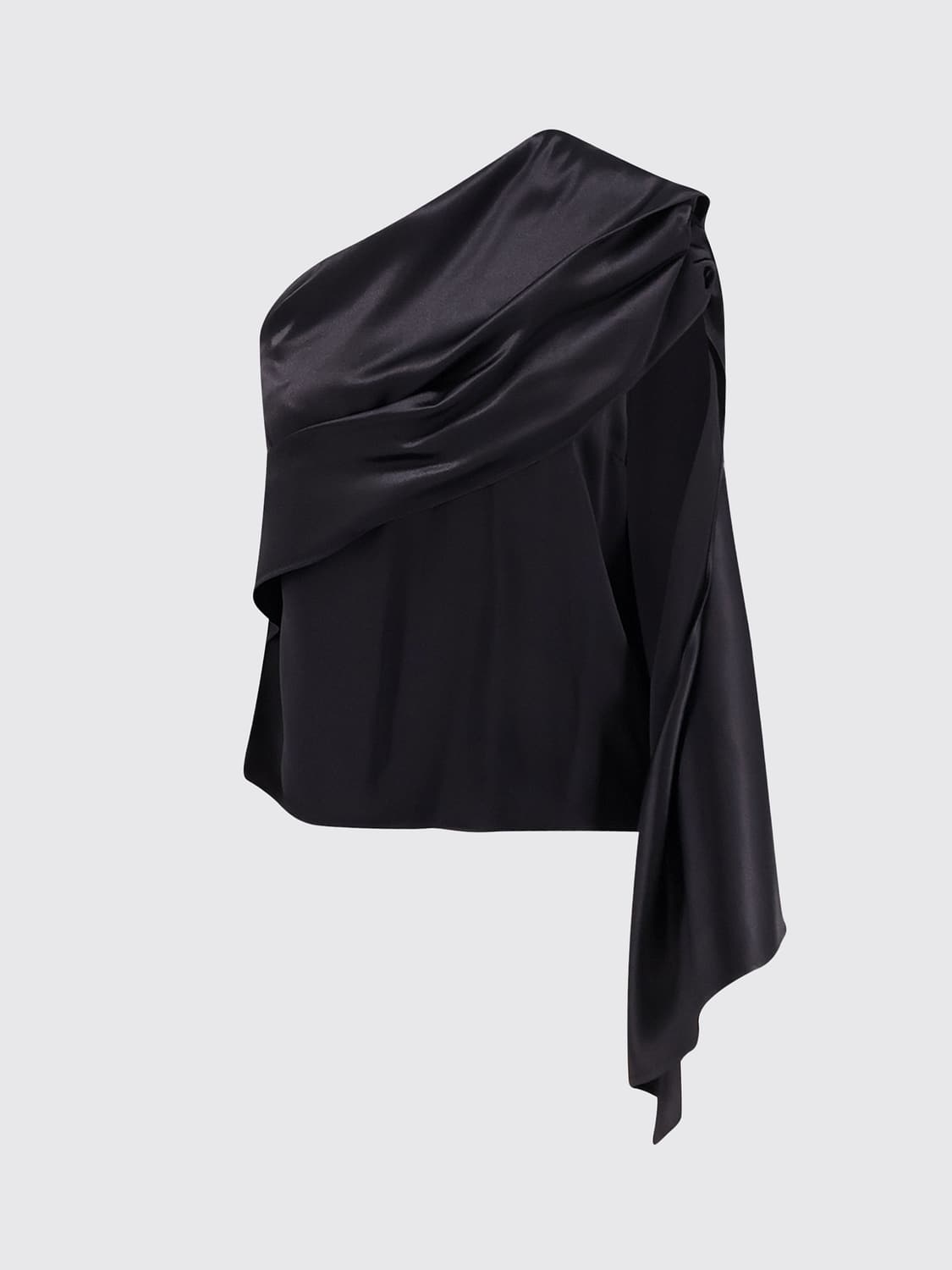 ALBERTA FERRETTI TOP: Top asimétrico de satén drapeado Alberta Ferretti con motivo de monograma, Negro - Img 2