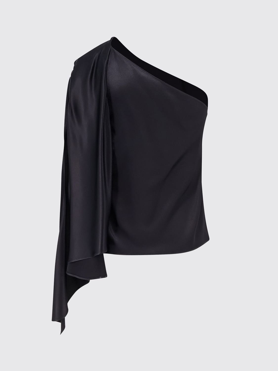 ALBERTA FERRETTI TOP: Top asimétrico de satén drapeado Alberta Ferretti con motivo de monograma, Negro - Img 3