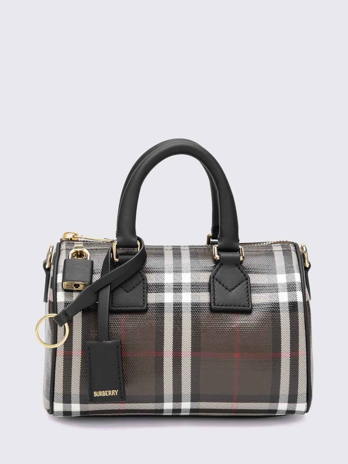 BURBERRY MINITASCHE: Mini-Bowling-Tasche Burberry aus Baumwolle mit Check-Muster und Ledergriff, Braun - Img 1