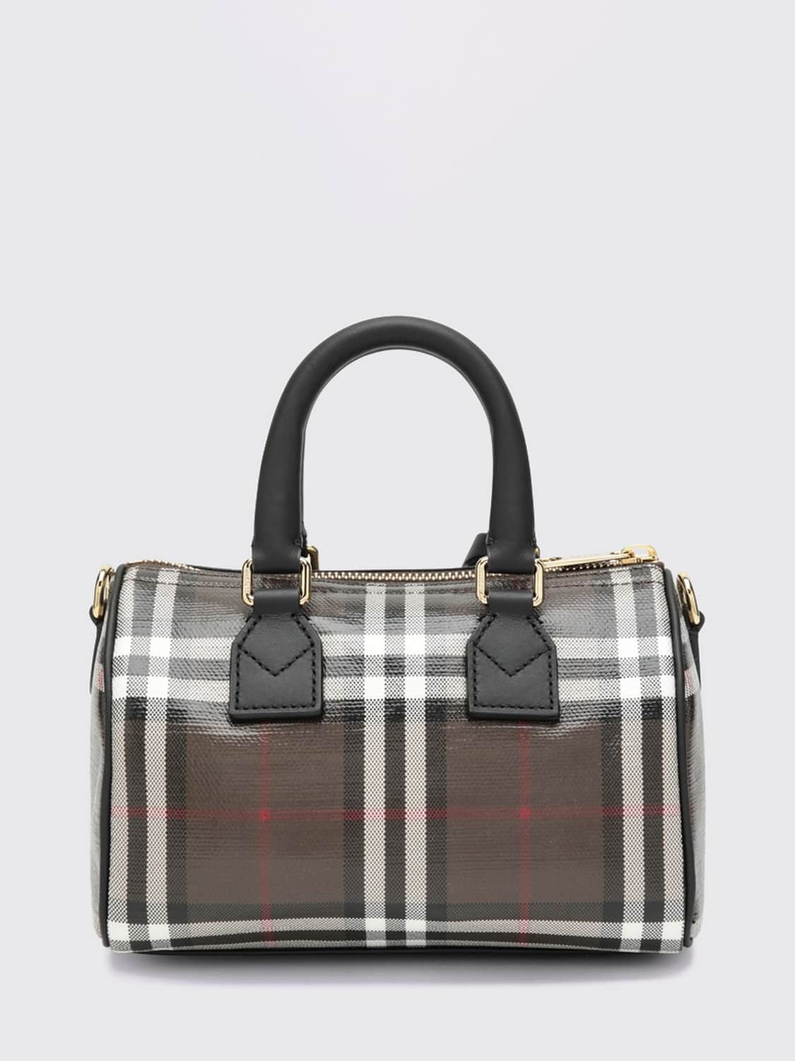 BURBERRY MINITASCHE: Mini-Bowling-Tasche Burberry aus Baumwolle mit Check-Muster und Ledergriff, Braun - Img 2