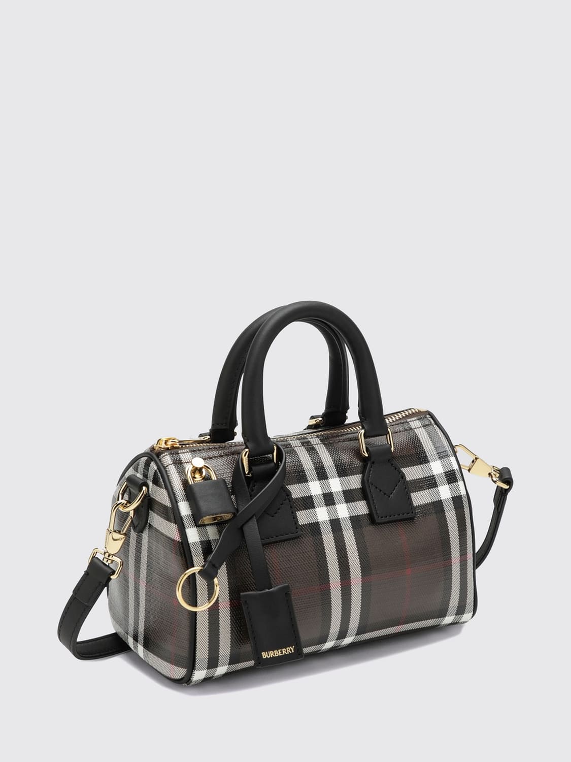 BURBERRY MINITASCHE: Mini-Bowling-Tasche Burberry aus Baumwolle mit Check-Muster und Ledergriff, Braun - Img 3