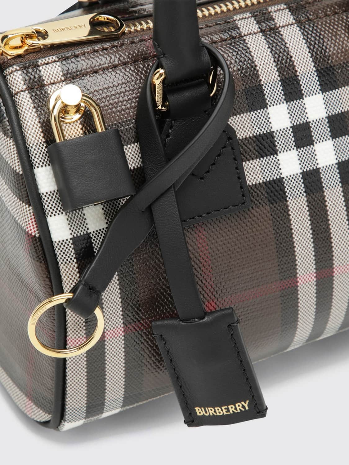 BURBERRY MINITASCHE: Mini-Bowling-Tasche Burberry aus Baumwolle mit Check-Muster und Ledergriff, Braun - Img 4