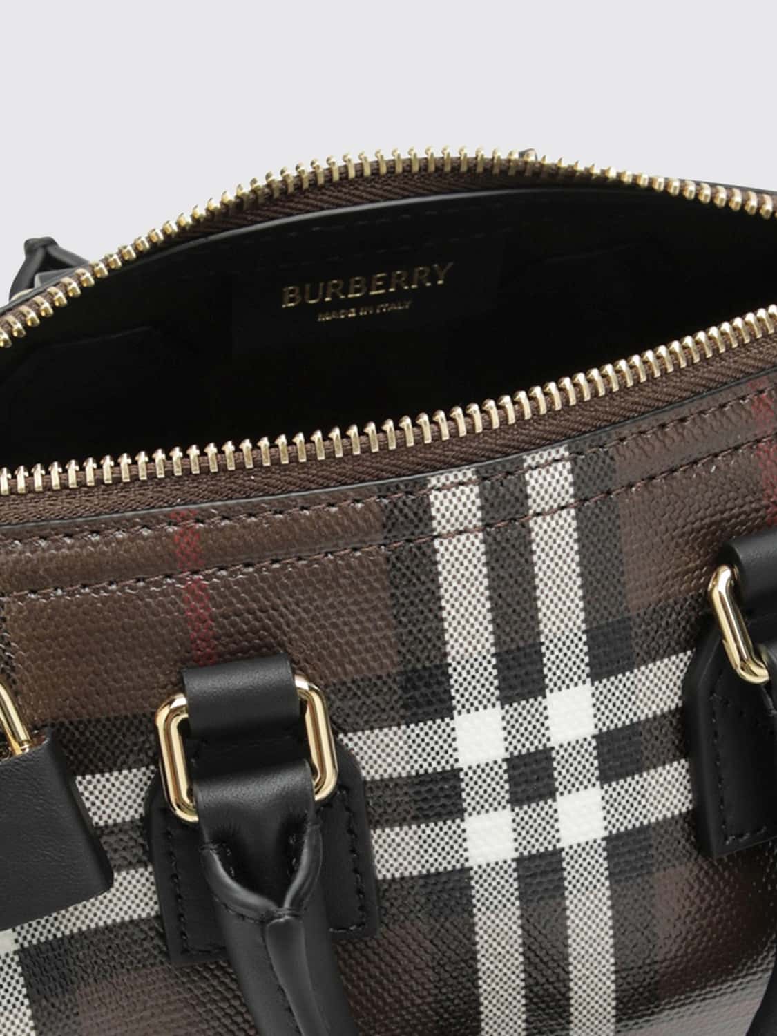 BURBERRY MINITASCHE: Mini-Bowling-Tasche Burberry aus Baumwolle mit Check-Muster und Ledergriff, Braun - Img 5