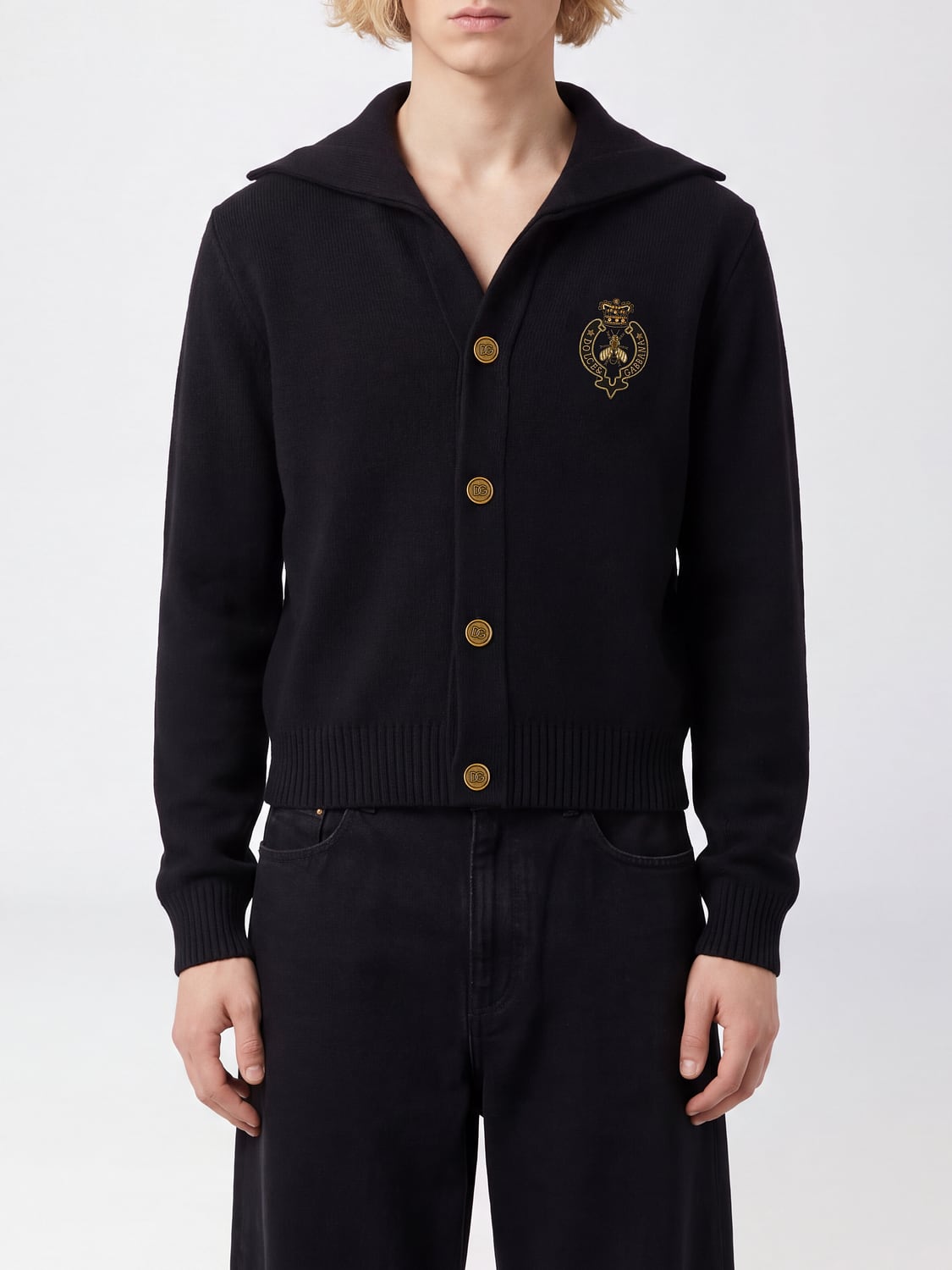 DOLCE & GABBANA SWEATER: Dolce & Gabbana Virgin Wool Cardigan with Sailor Collar and Logo Crest, Black - Img 1
