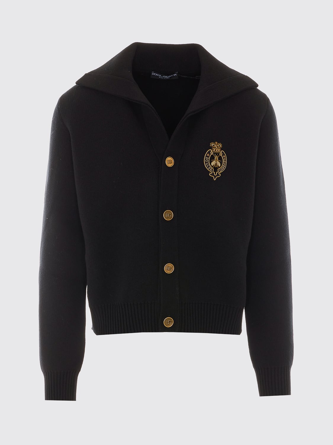 DOLCE & GABBANA SWEATER: Dolce & Gabbana Virgin Wool Cardigan with Sailor Collar and Logo Crest, Black - Img 2