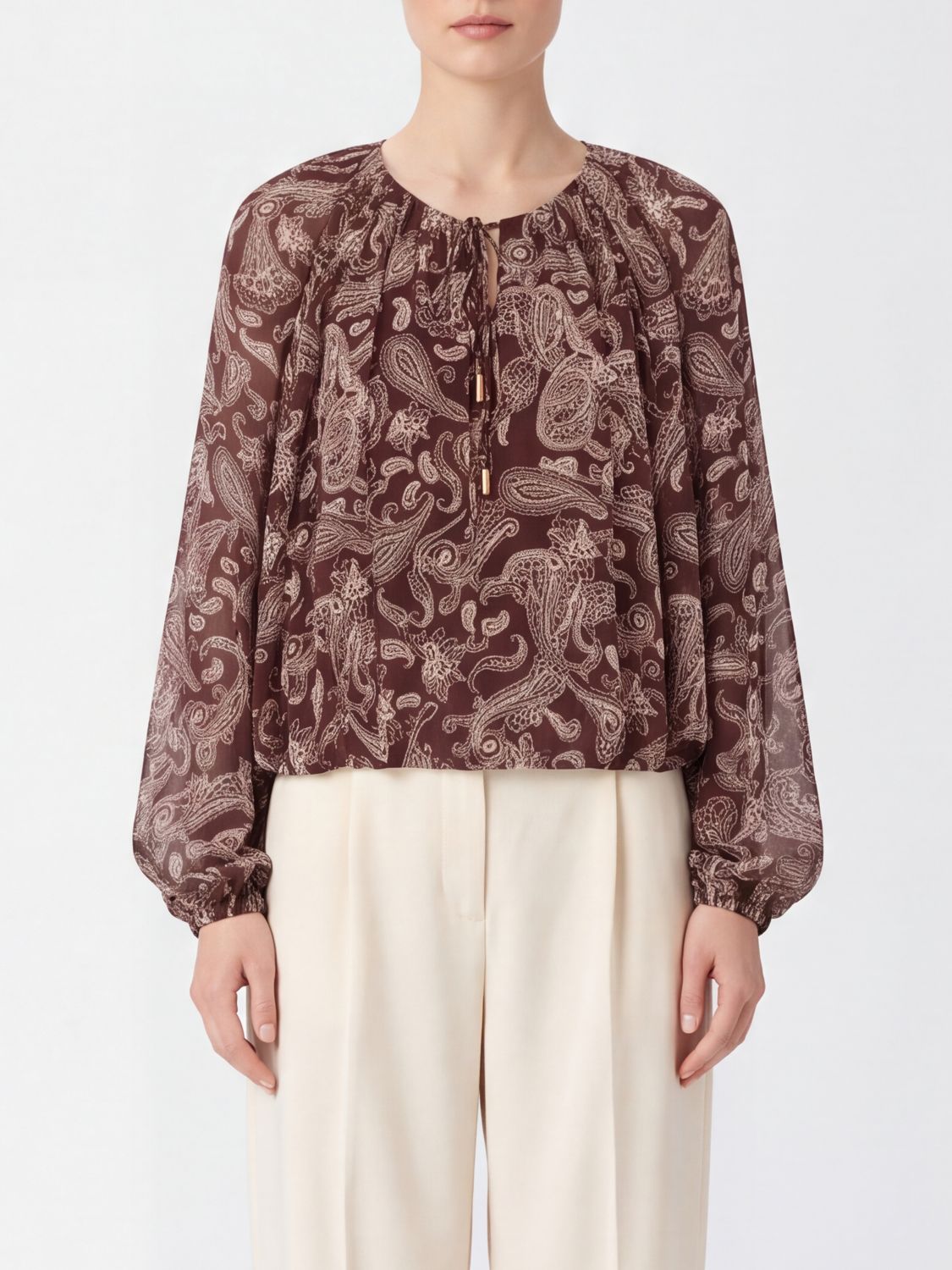 ELEH TOP: Eleh Paisley Print Rayon Blouse with Balloon Sleeves, Brown - Img 1