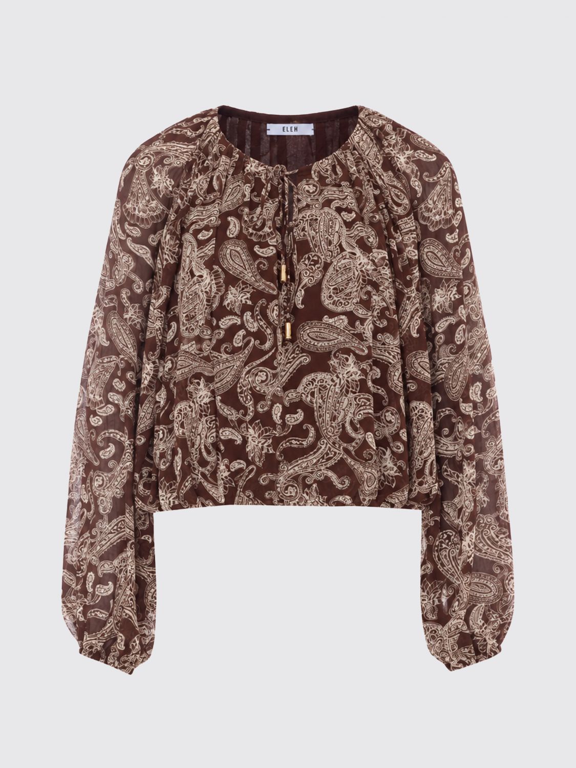 ELEH TOP: Eleh Paisley Print Rayon Blouse with Balloon Sleeves, Brown - Img 2