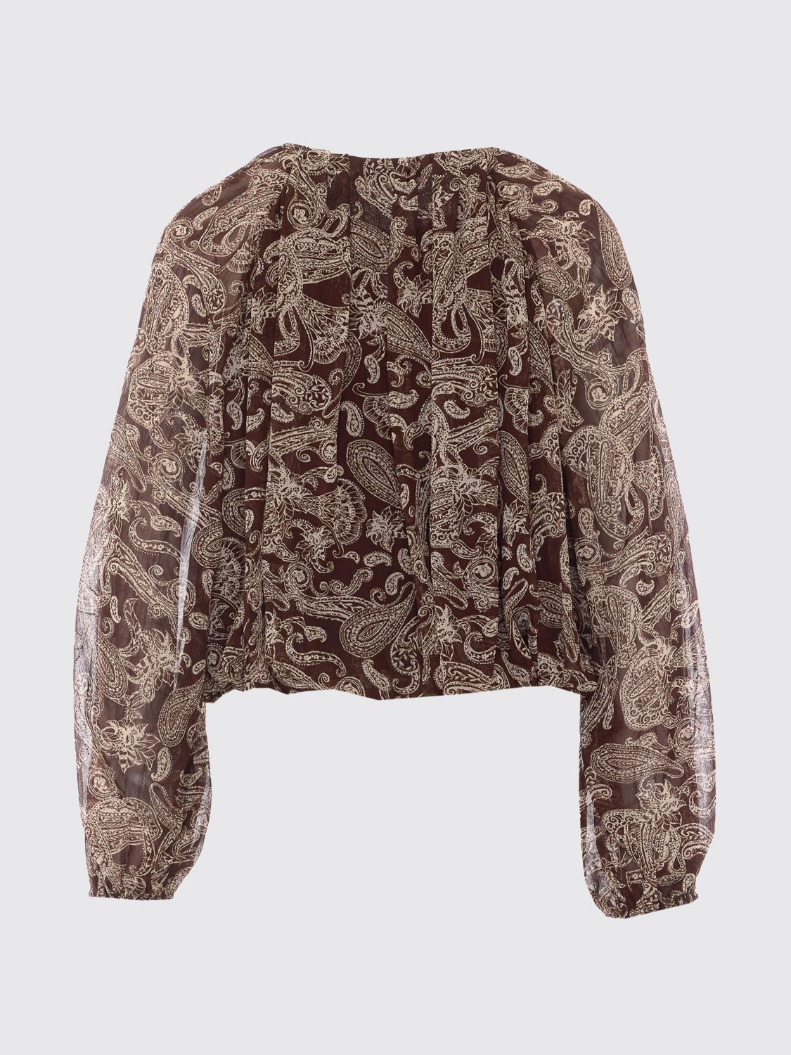 ELEH TOP: Eleh Paisley Print Rayon Blouse with Balloon Sleeves, Brown - Img 3