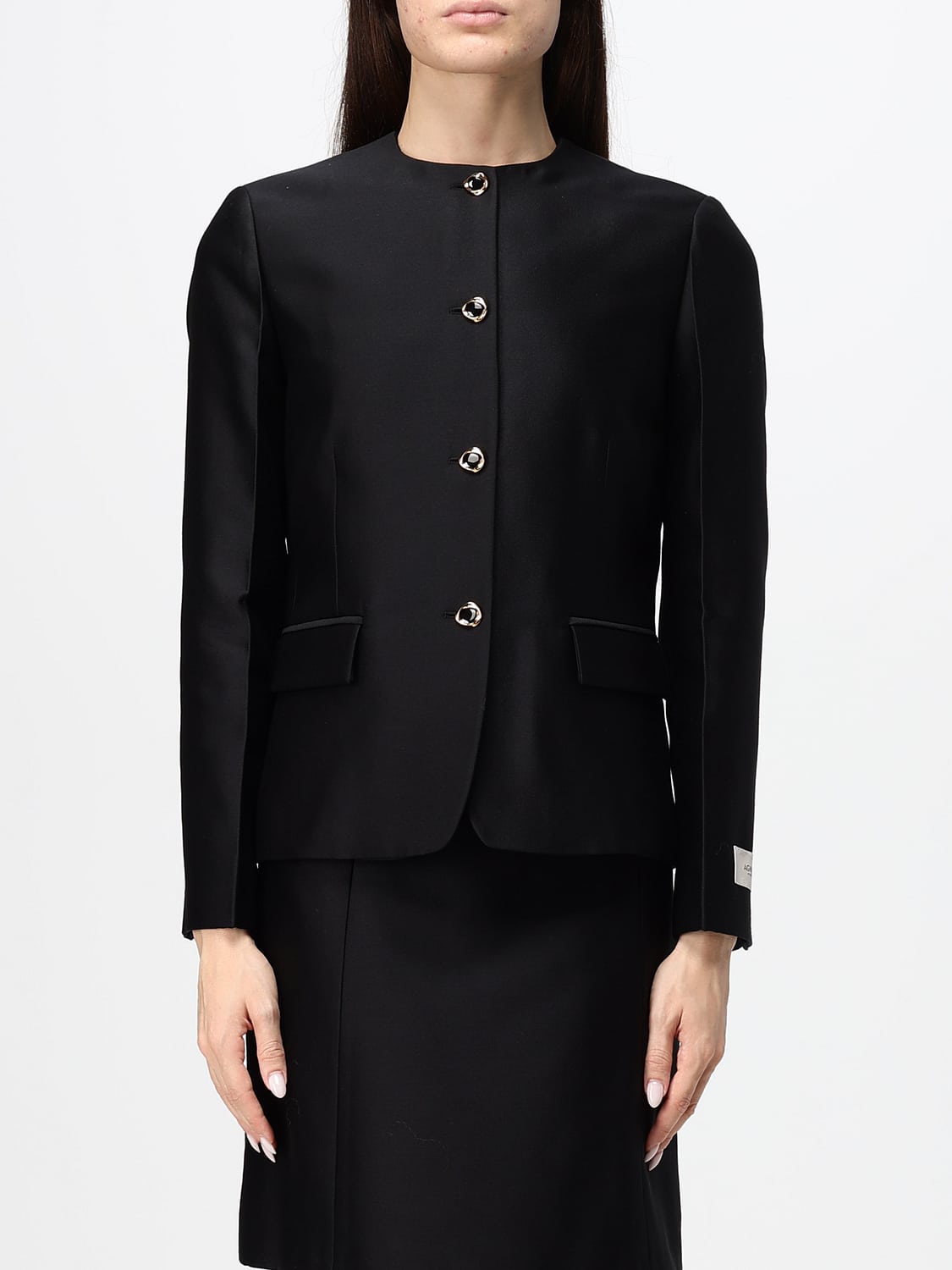 AGNONA GIACCA: Blazer corto slim fit Agnona in misto lana e seta con scollo a girocollo, Nero - Img 1