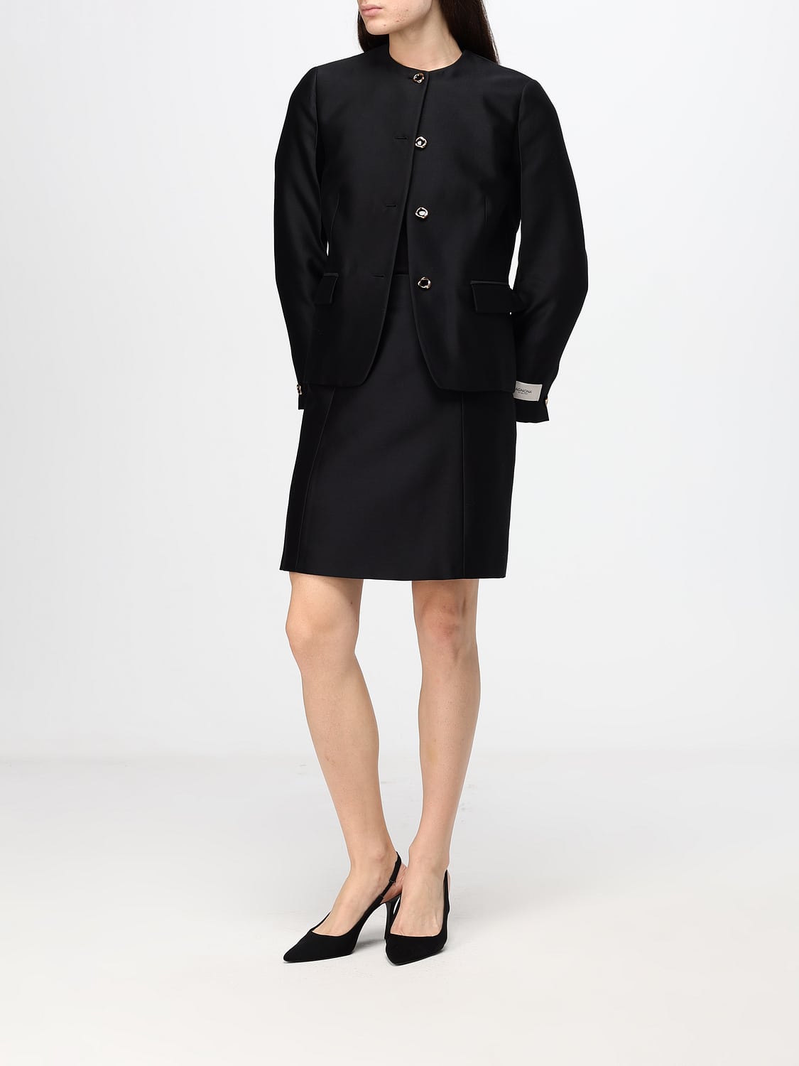 AGNONA GIACCA: Blazer corto slim fit Agnona in misto lana e seta con scollo a girocollo, Nero - Img 2