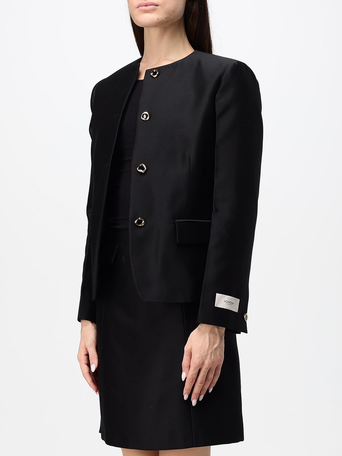AGNONA GIACCA: Blazer corto slim fit Agnona in misto lana e seta con scollo a girocollo, Nero - Img 4