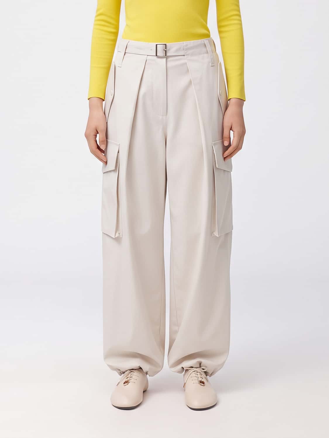 LOEWE HOSE: Weit geschnittene Cargo-Hose Loewe mit hoher Taille aus Baumwolle und Seide, Weiß - Img 1