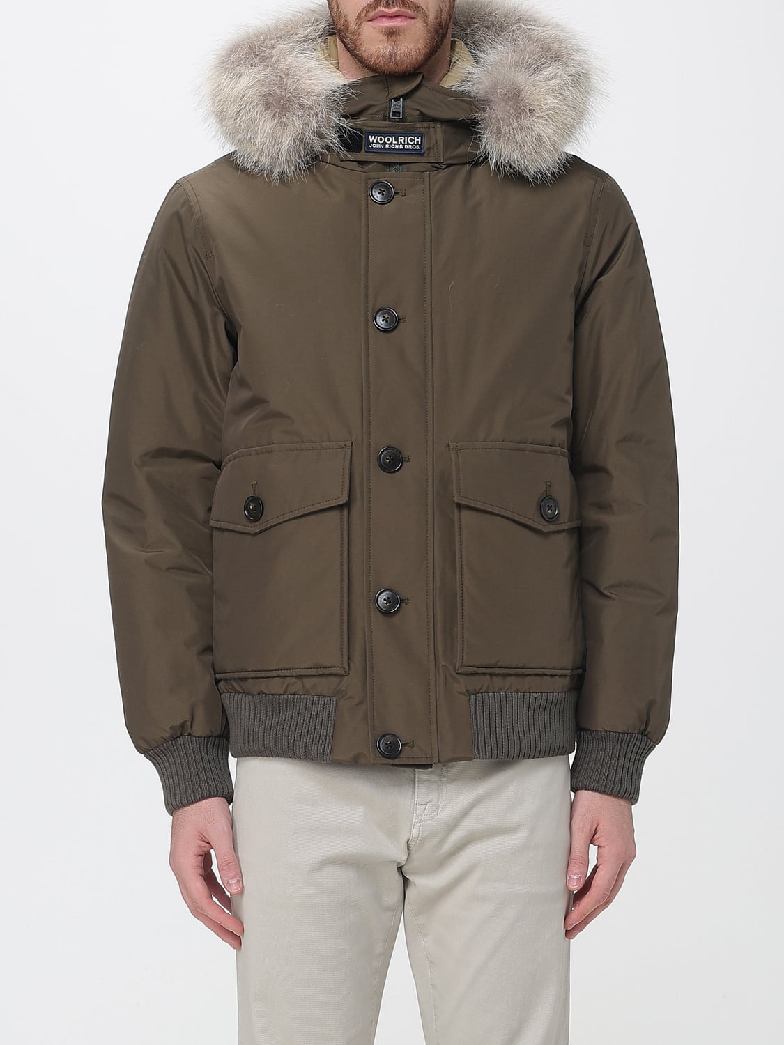 WOOLRICH JACKET: Woolrich Short Puffer Jacket with Shearling-Trimmed Hood and Patch Pockets, Green - Img 1