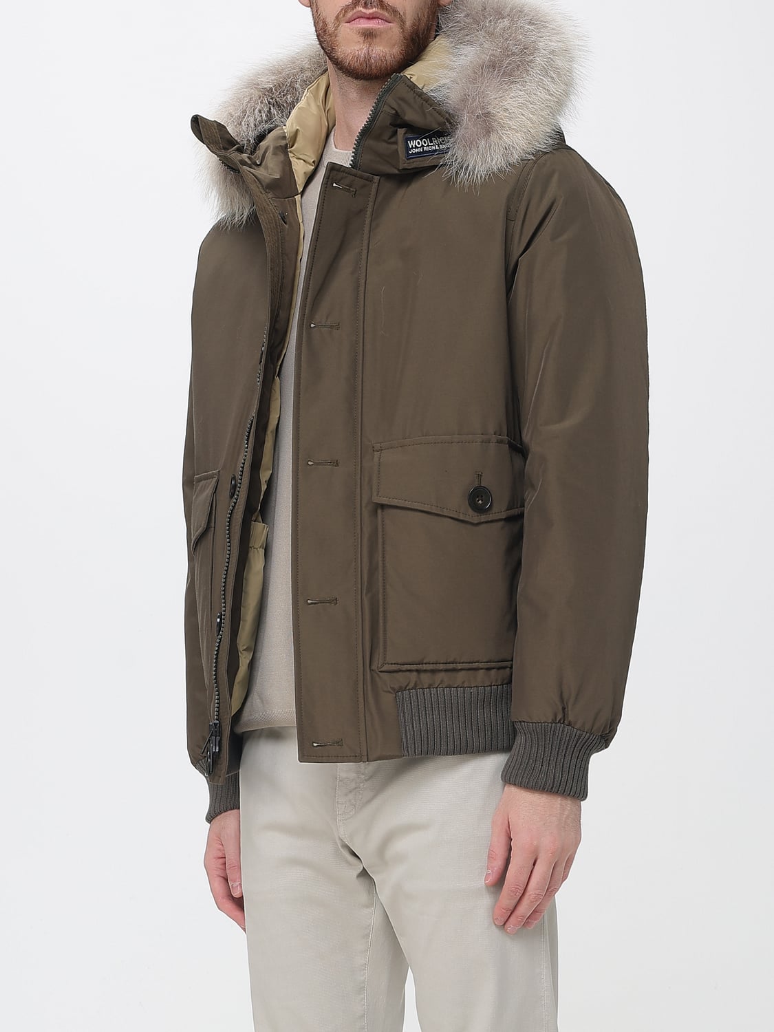 WOOLRICH JACKET: Woolrich Short Puffer Jacket with Shearling-Trimmed Hood and Patch Pockets, Green - Img 3