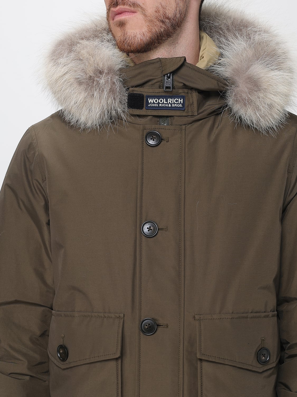 WOOLRICH JACKET: Woolrich Short Puffer Jacket with Shearling-Trimmed Hood and Patch Pockets, Green - Img 4