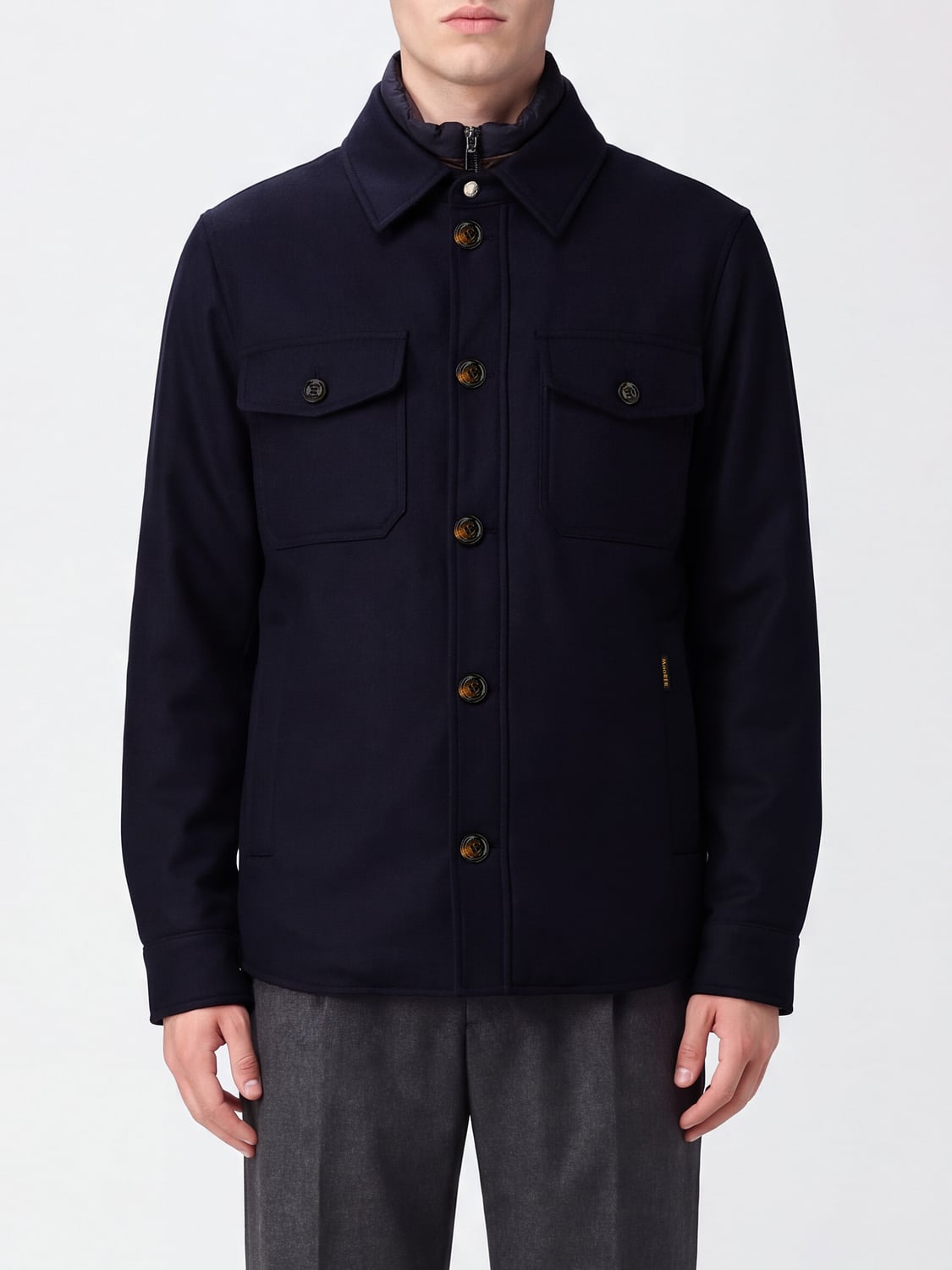 MOORER COAT: Single-Breasted Short Cashmere Coat Moorer with Patch Pockets, Blue - Img 1