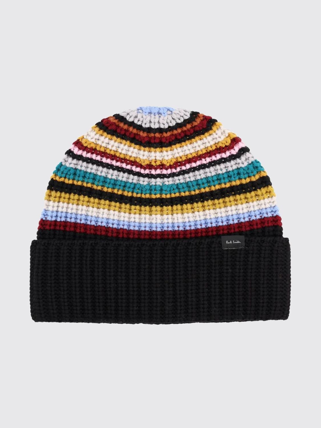 PAUL SMITH HAT: Multicolor Stripe Merino Wool Beanie Hat Paul Smith with Logo Patch, Black - Img 1