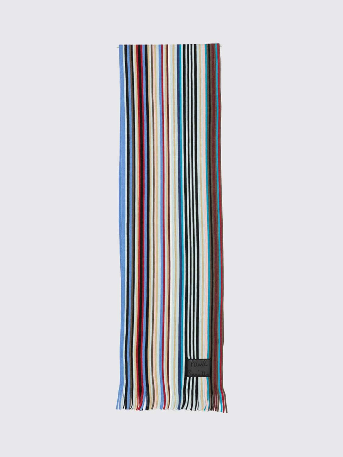 PAUL SMITH SCARF: Multicolor Stripe Merino Wool Scarf Paul Smith with Applied Logo, Royal Blue - Img 1