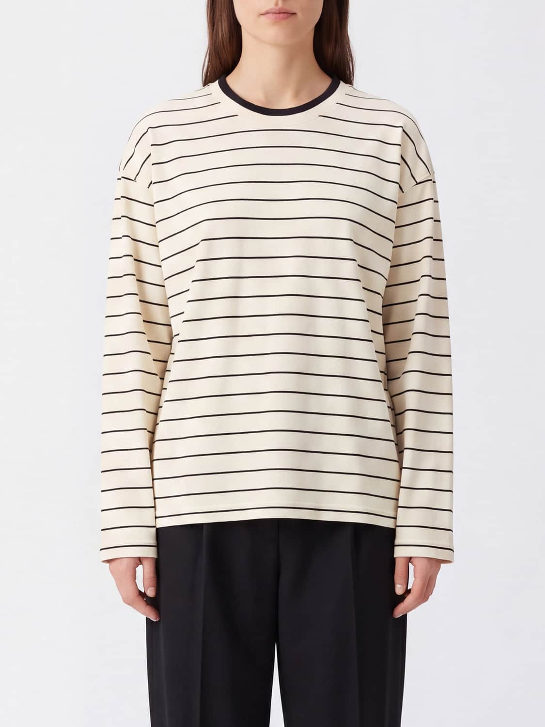 ELEH T-SHIRTS: T-shirt a maniche lunghe Eleh a righe in misto cotone con scollo a girocollo, Bianco - Img 1