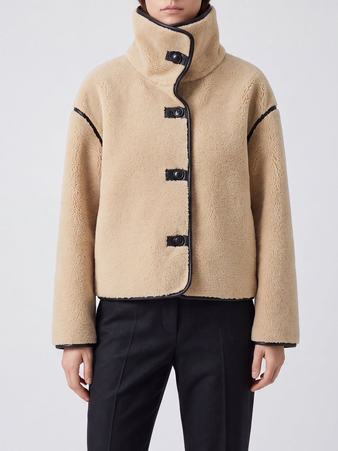 ELEH COAT: Eleh Single-Breasted Short Coat in Technical Fabric with Funnel Neck, Beige - Img 1