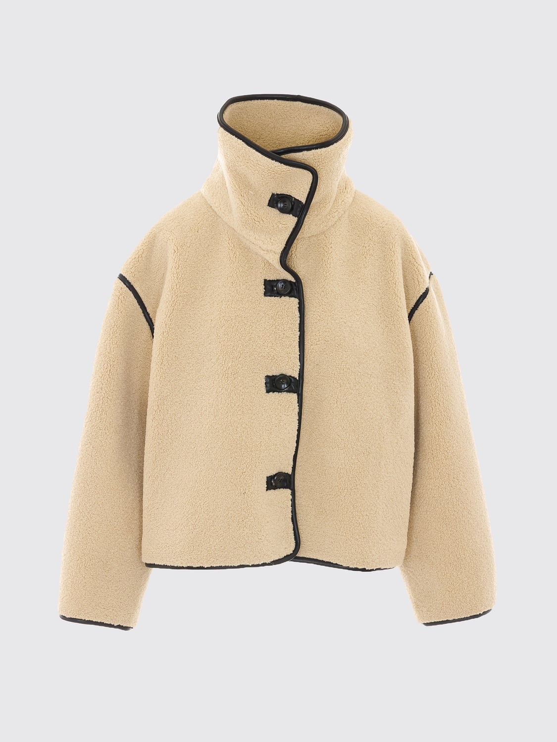 ELEH COAT: Eleh Single-Breasted Short Coat in Technical Fabric with Funnel Neck, Beige - Img 2