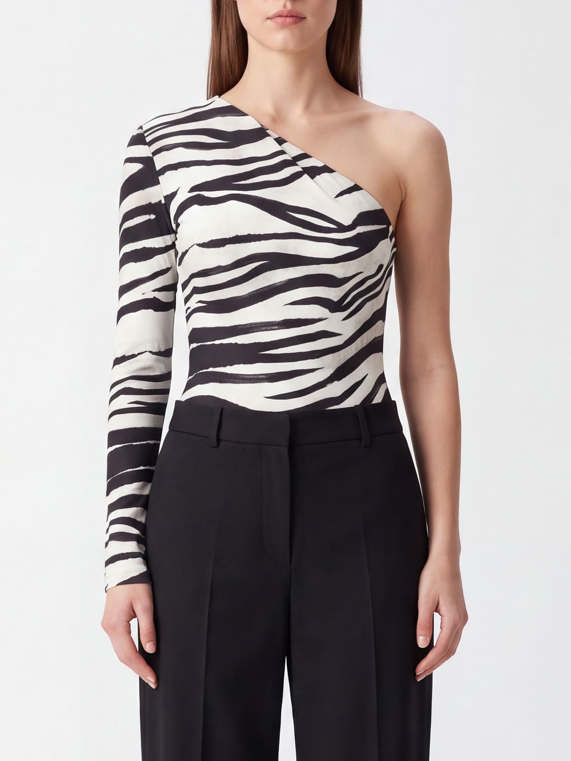 PATRIZIA PEPE TOP: Body de un solo hombro Patrizia Pepe de jersey elástico con estampado de cebra, Negro - Img 1