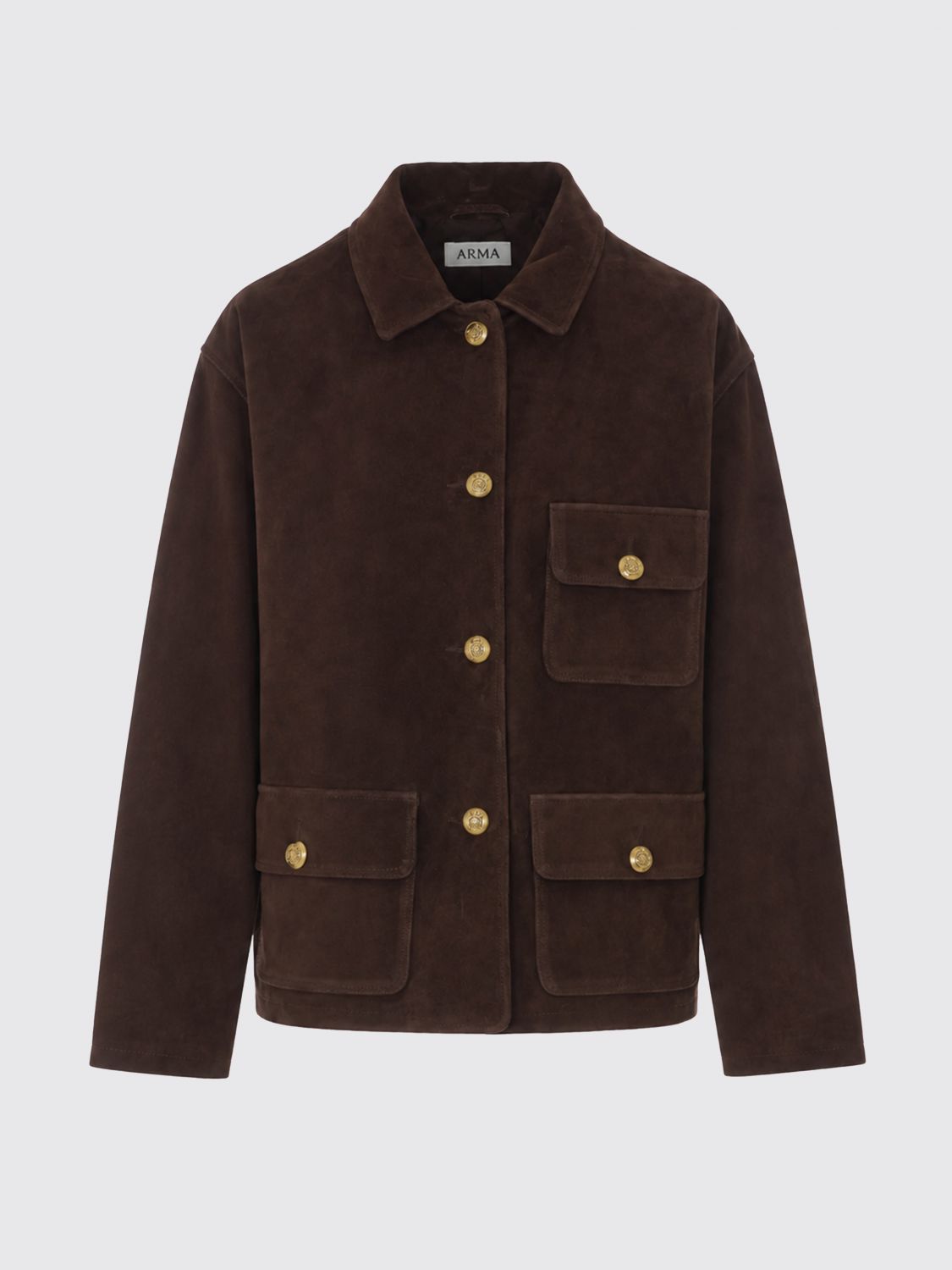 ARMA JACKET: Arma Cropped Suede Shirt Jacket with Patch Pockets, Brown - Img 2