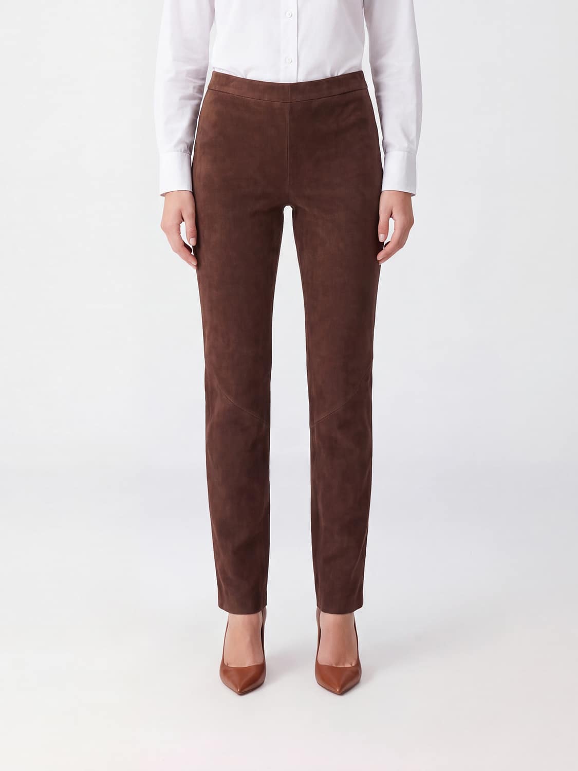 ARMA HOSE: Mid-Rise Skinny-Hose Arma aus Velours-Lammleder, Braun - Img 1