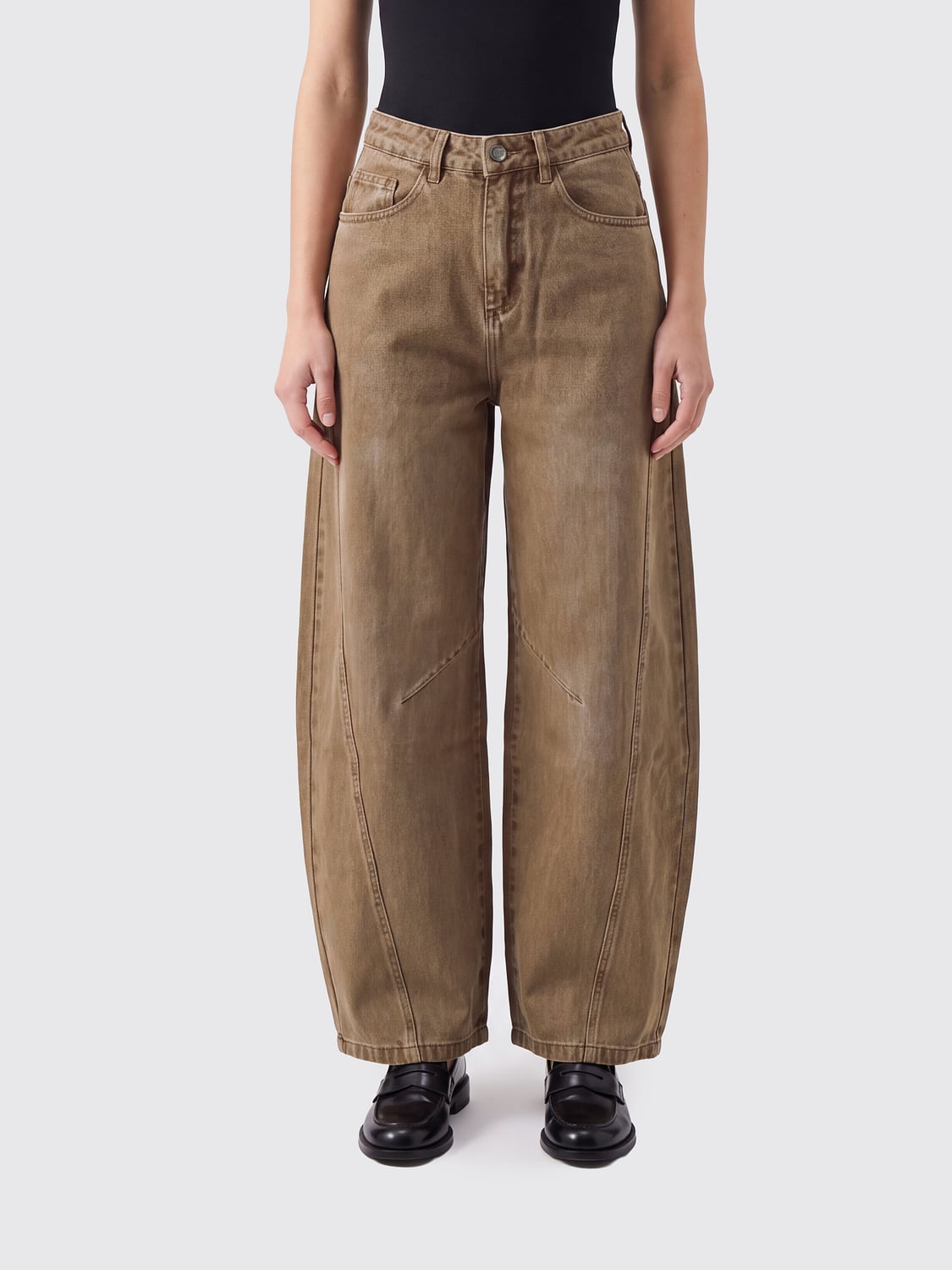 ELEH JEANS: Jeans baggy Eleh in denim di cotone a vita alta e gamba larga, Marrone - Img 1