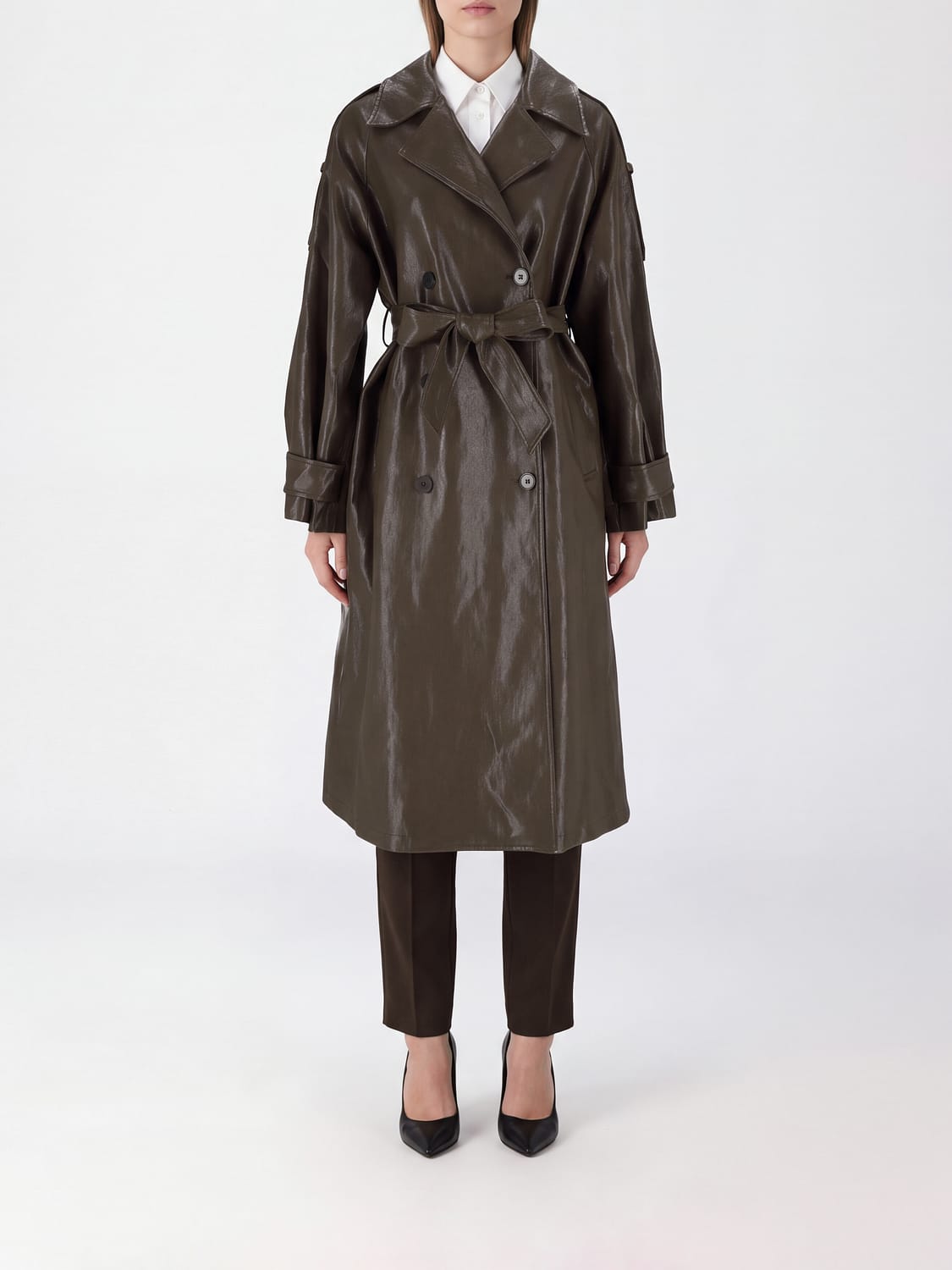 ELEH JACKET: Eleh Double-Breasted Faux Leather Long Trench Coat with Belt, Mud - Img 1