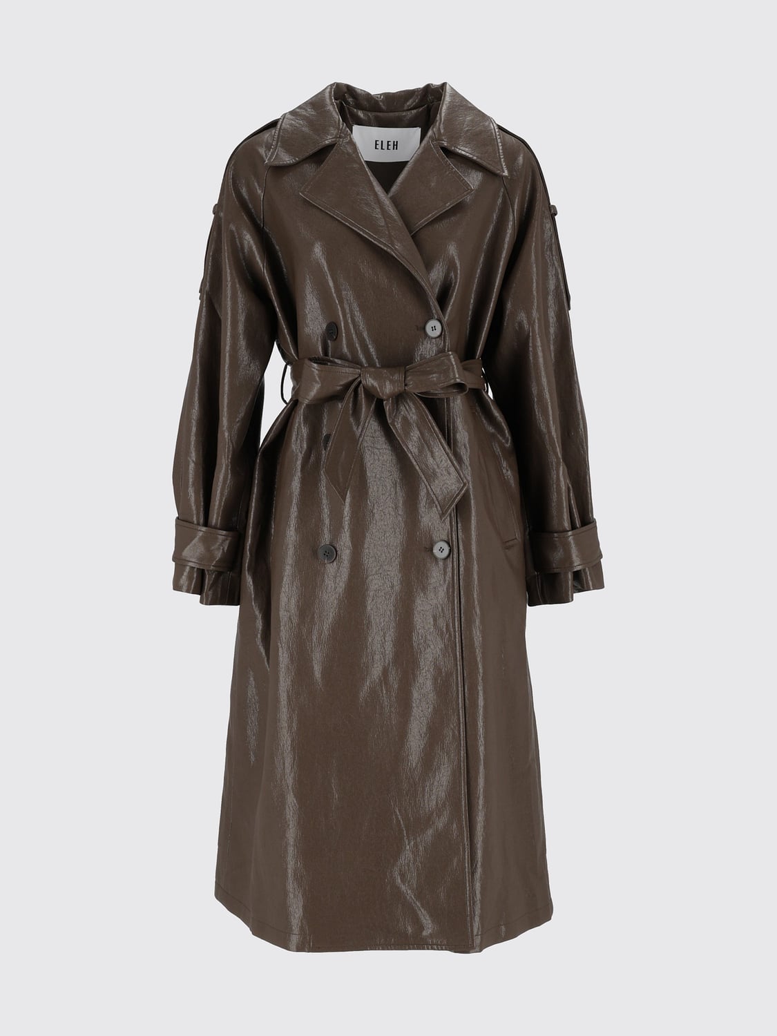 ELEH JACKET: Eleh Double-Breasted Faux Leather Long Trench Coat with Belt, Mud - Img 2