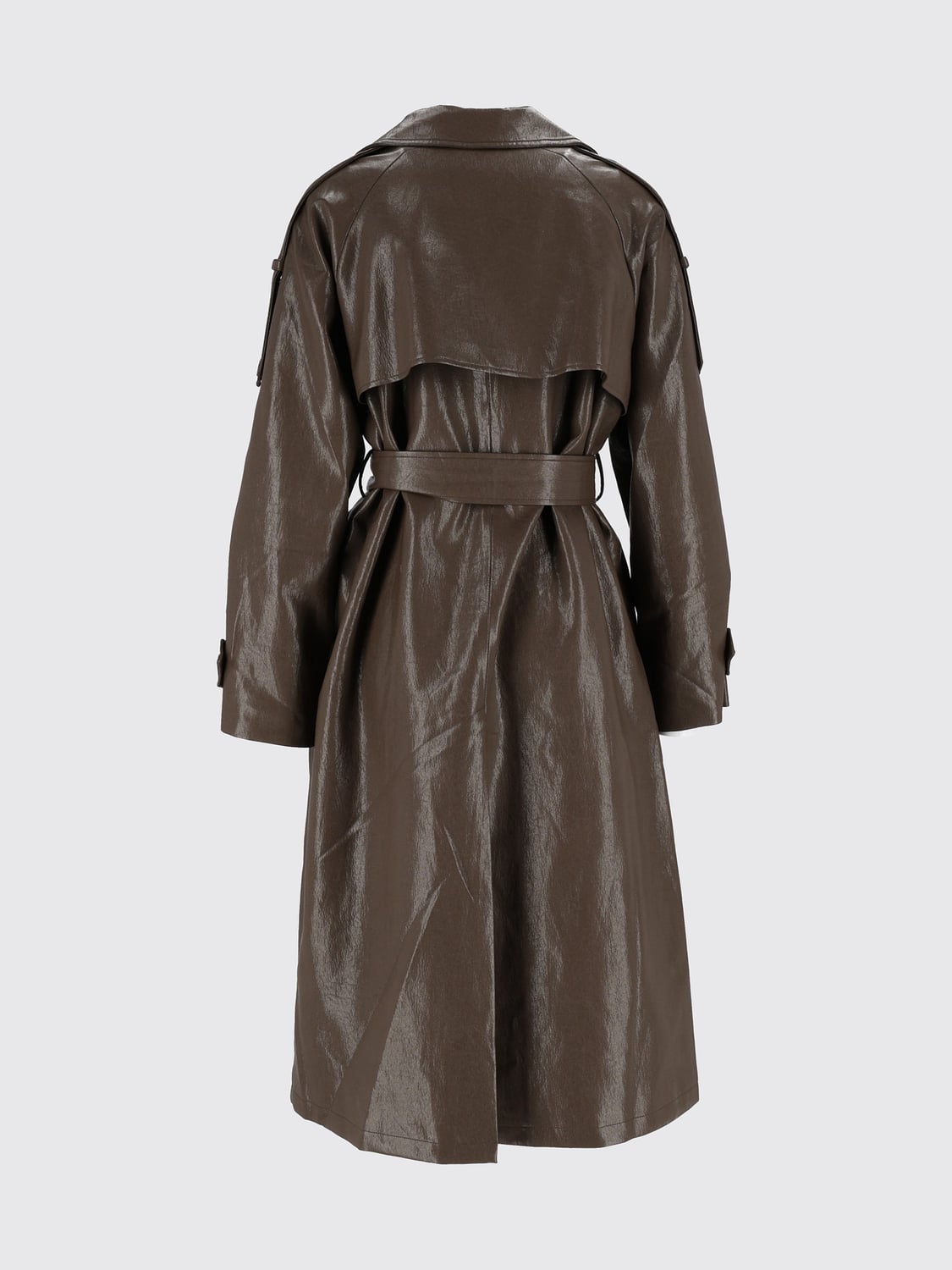 ELEH JACKET: Eleh Double-Breasted Faux Leather Long Trench Coat with Belt, Mud - Img 3