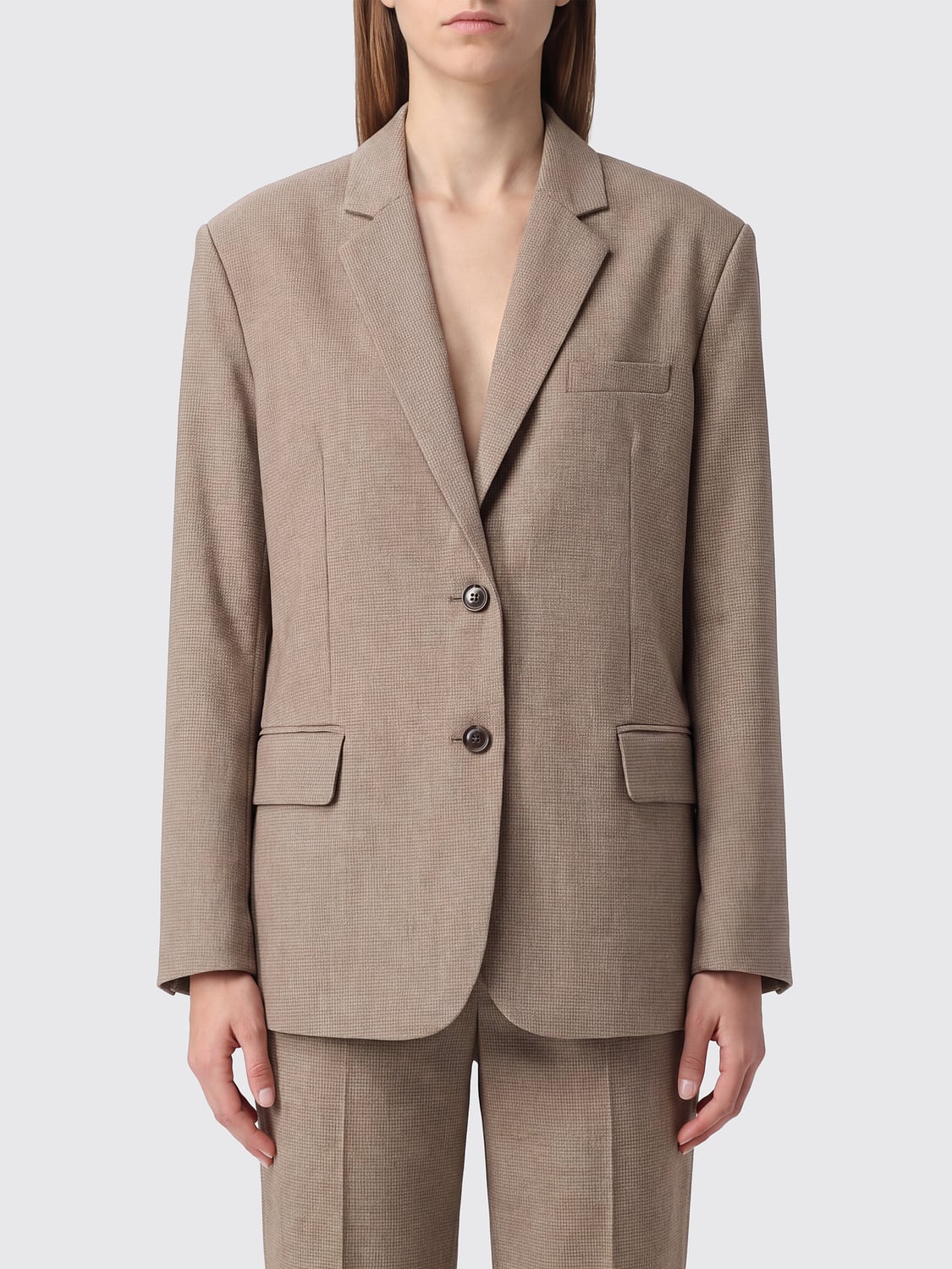 ELEH JACKET: Eleh Single-Breasted Blazer in Polyester Blend with Lapels and Flap Pockets, Mud - Img 1