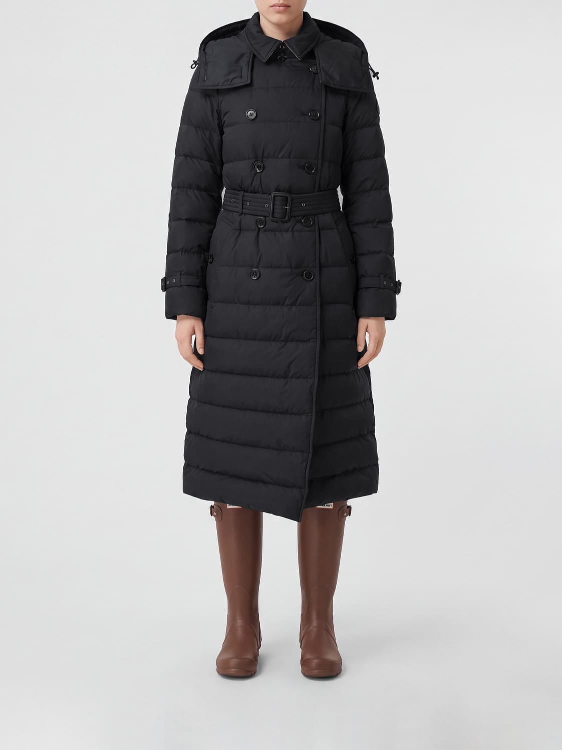 BURBERRY JACKE: Langer zweireihiger Daunenmantel Burberry aus Funktionsstoff mit abnehmbarer Kapuze, Schwarz - Img 1