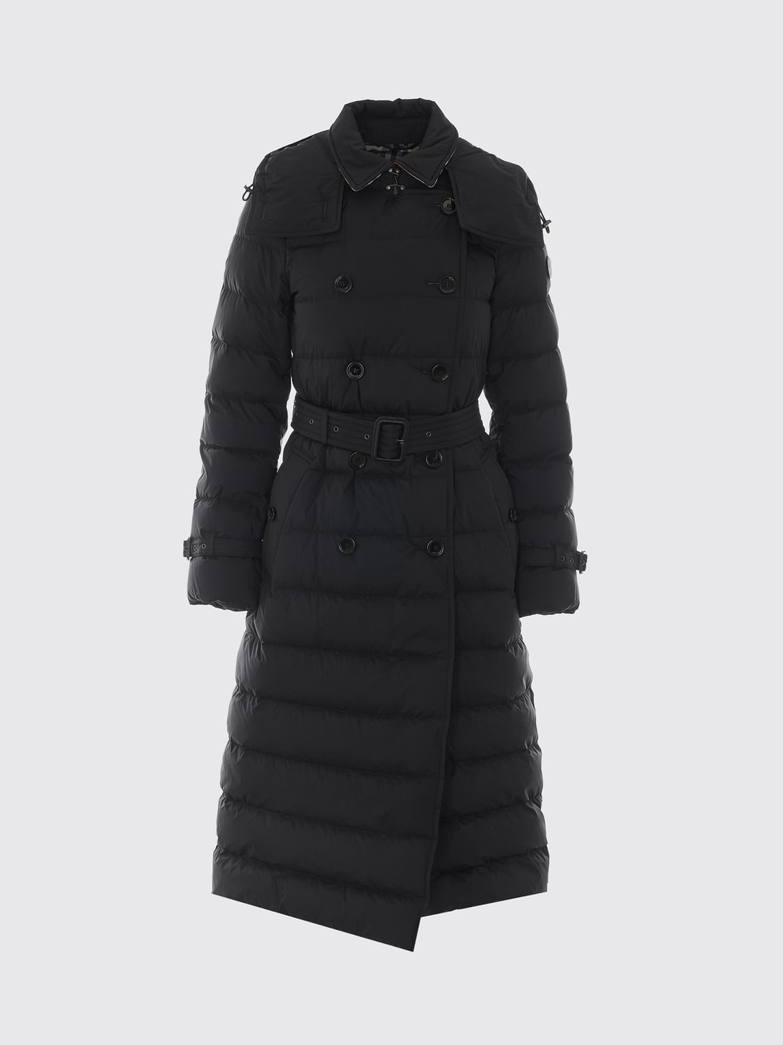 BURBERRY JACKE: Langer zweireihiger Daunenmantel Burberry aus Funktionsstoff mit abnehmbarer Kapuze, Schwarz - Img 2