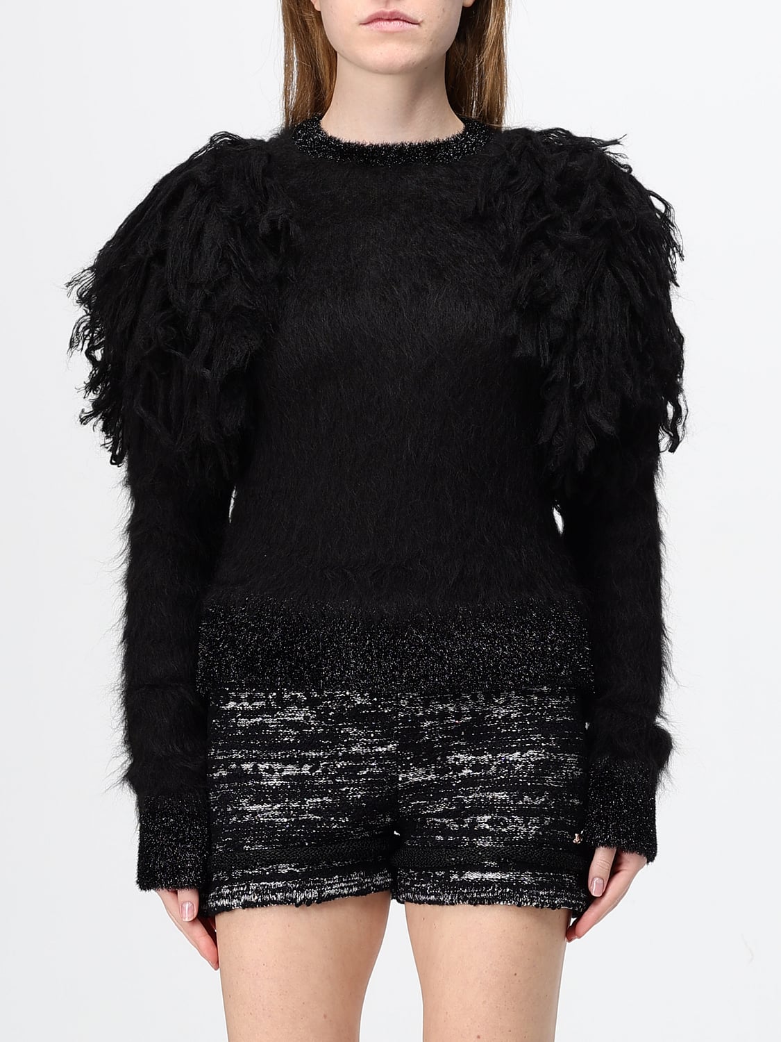 GENNY JERSEY: Jersey Genny de cuello redondo en mohair y alpaca con mangas abullonadas y flecos, Negro - Img 1