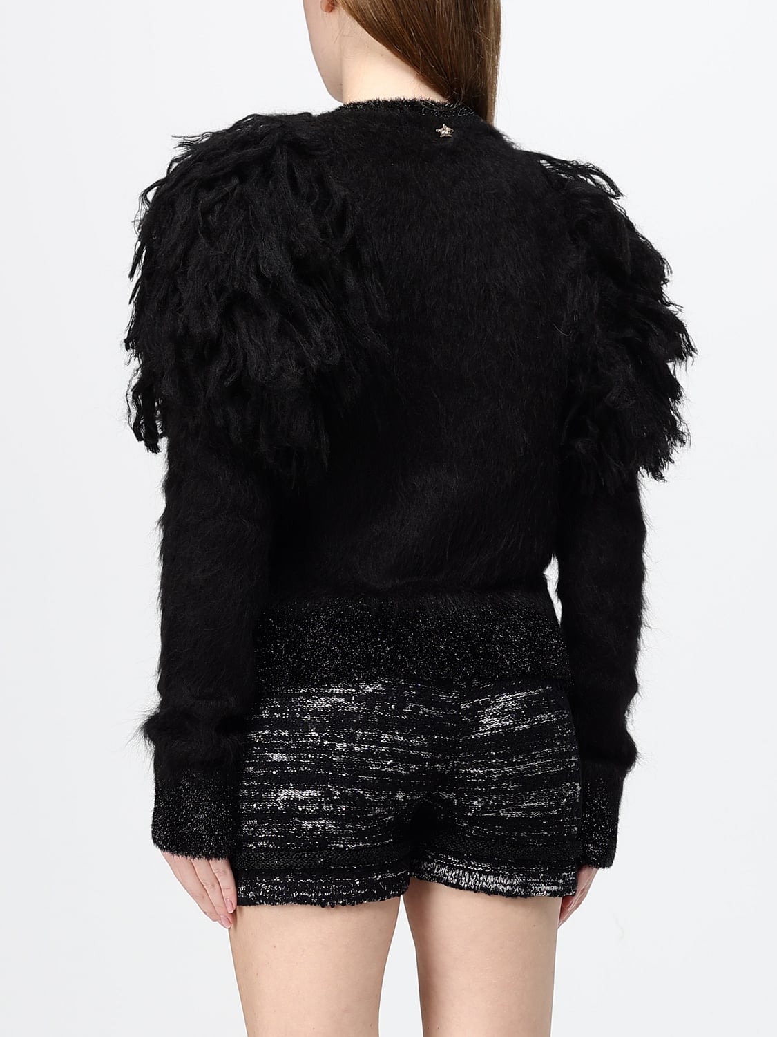 GENNY JERSEY: Jersey Genny de cuello redondo en mohair y alpaca con mangas abullonadas y flecos, Negro - Img 2