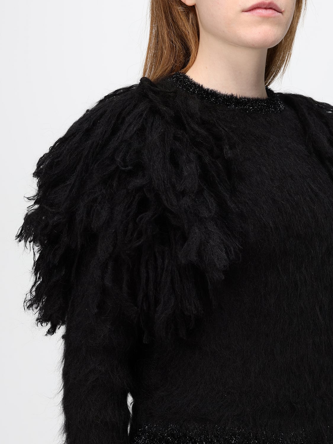 GENNY JERSEY: Jersey Genny de cuello redondo en mohair y alpaca con mangas abullonadas y flecos, Negro - Img 3