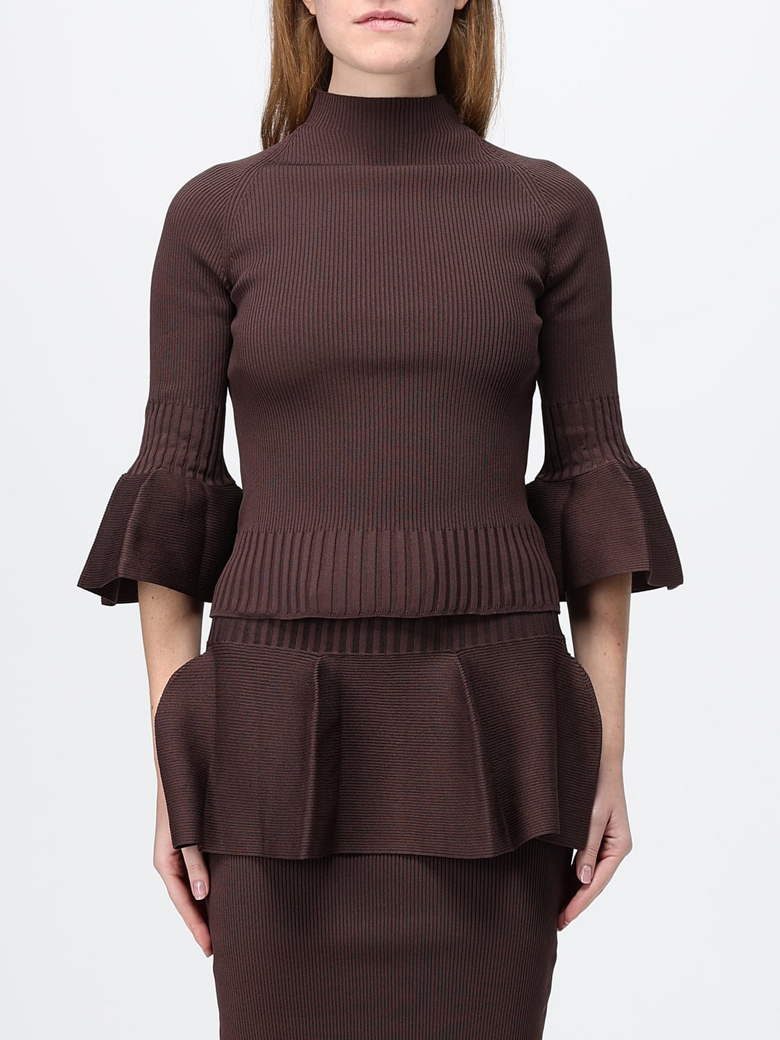 GENNY TOP: Top de manga larga Genny de corte slim en poliamida con cuello cisne, Marrón - Img 1