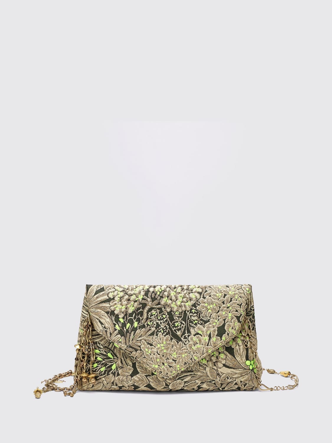 DRIES VAN NOTEN CLUTCH: Clutch Dries Van Noten in tessuto ricamato floreale con tracolla a catena amovibile, Sabbia - Img 1