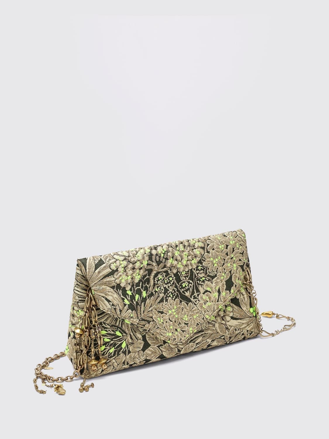 DRIES VAN NOTEN CLUTCH: Clutch Dries Van Noten in tessuto ricamato floreale con tracolla a catena amovibile, Sabbia - Img 3