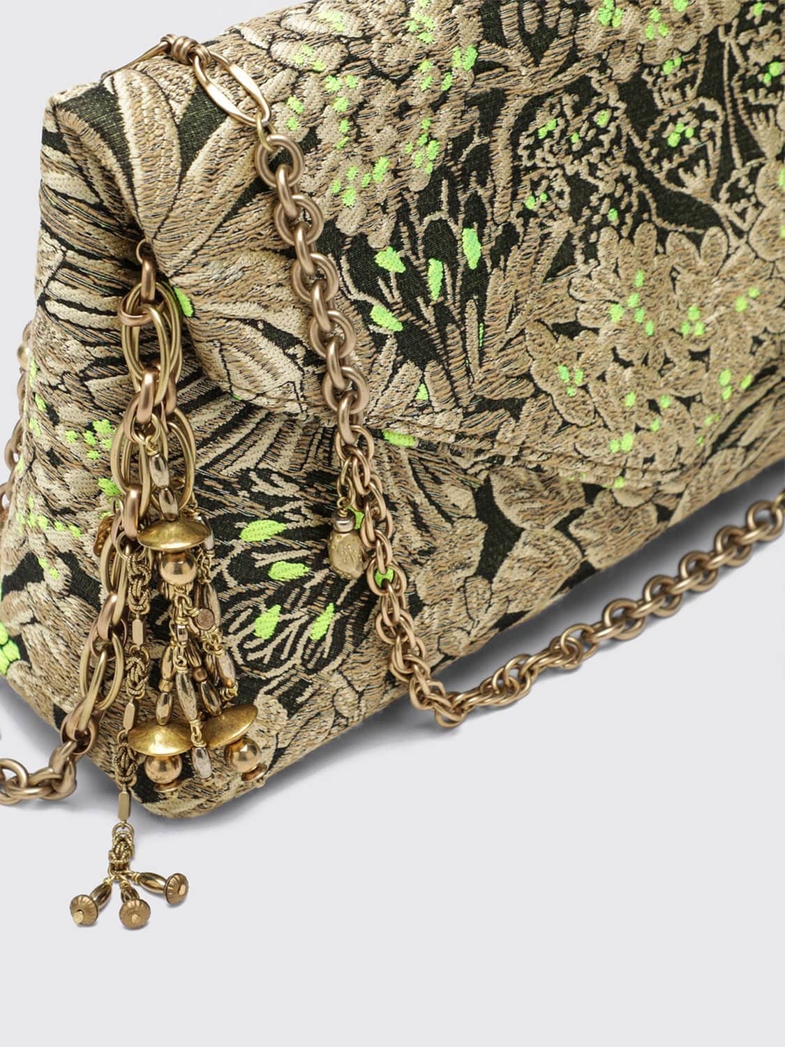 DRIES VAN NOTEN CLUTCH: Clutch Dries Van Noten in tessuto ricamato floreale con tracolla a catena amovibile, Sabbia - Img 4