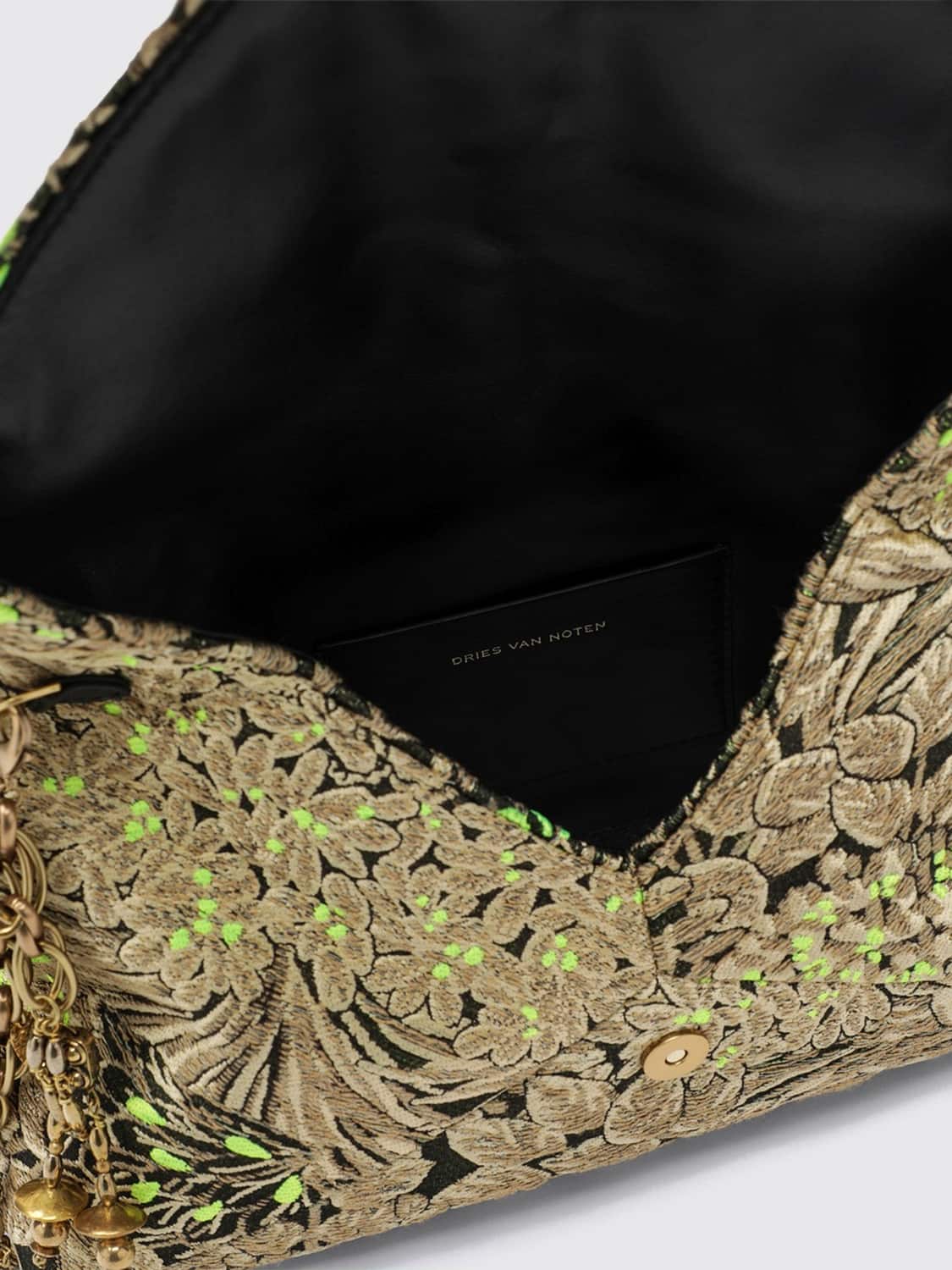 DRIES VAN NOTEN CLUTCH: Clutch Dries Van Noten in tessuto ricamato floreale con tracolla a catena amovibile, Sabbia - Img 5