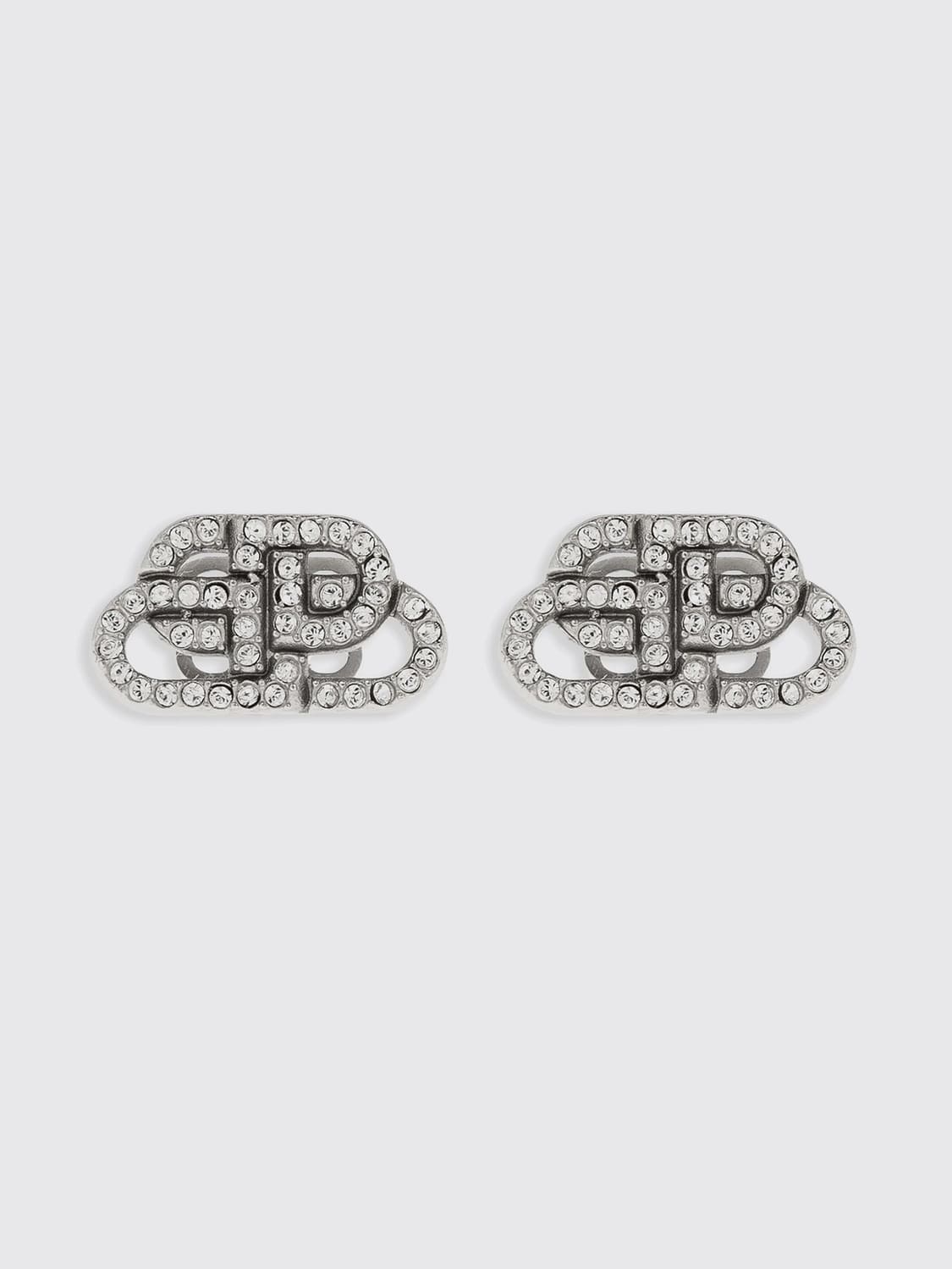 BALENCIAGA JOYA: Pendientes de botón Balenciaga de latón con monograma de strass, Plata - Img 1