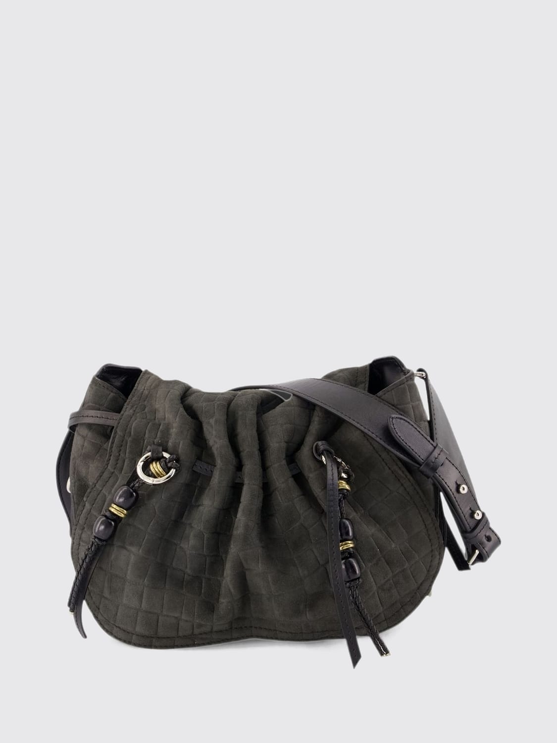 ISABEL MARANT CROSSBODY BAG: Isabel Marant Bolton Croc-Effect Nubuck Crossbody Bag with Drawstring, Black - Img 1