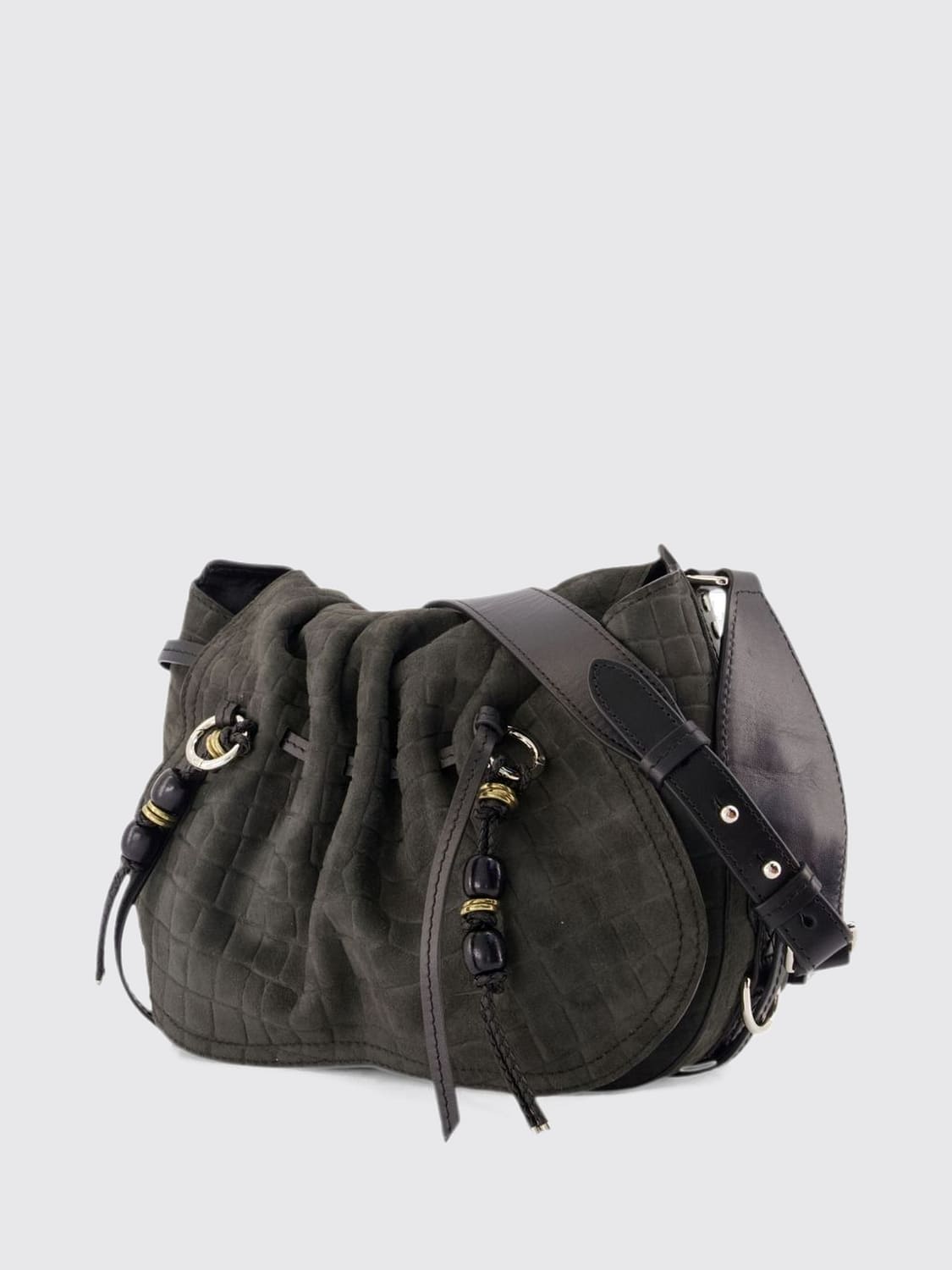 ISABEL MARANT CROSSBODY BAG: Isabel Marant Bolton Croc-Effect Nubuck Crossbody Bag with Drawstring, Black - Img 2